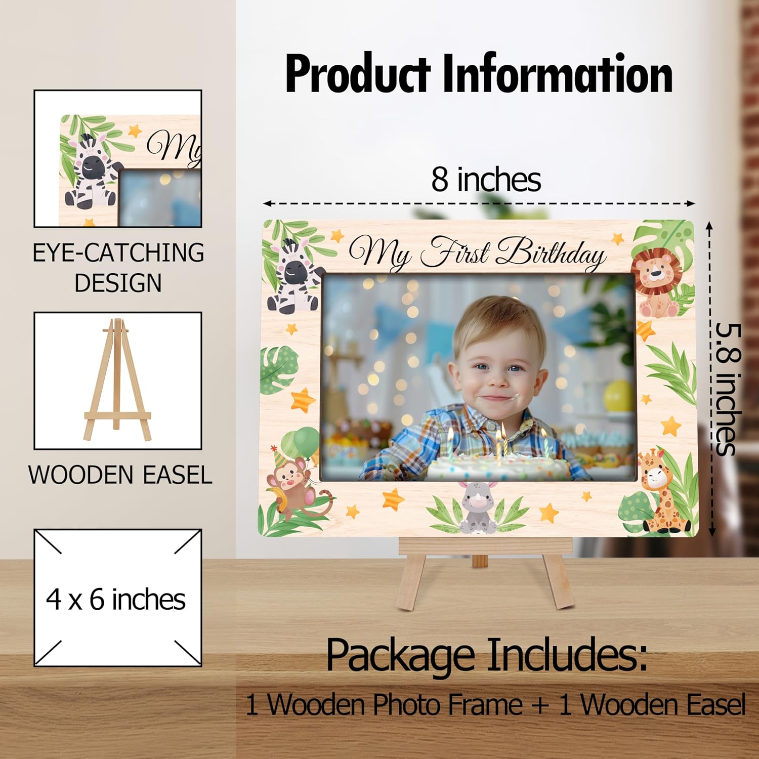 My 1st Birthday Picture Frames, Jungle Animal Wooden 4x6 Photo Frame with Easel, Baby First Year Birthday Gifts for Home Office Tabletop Display Decorations - G04 image 2
