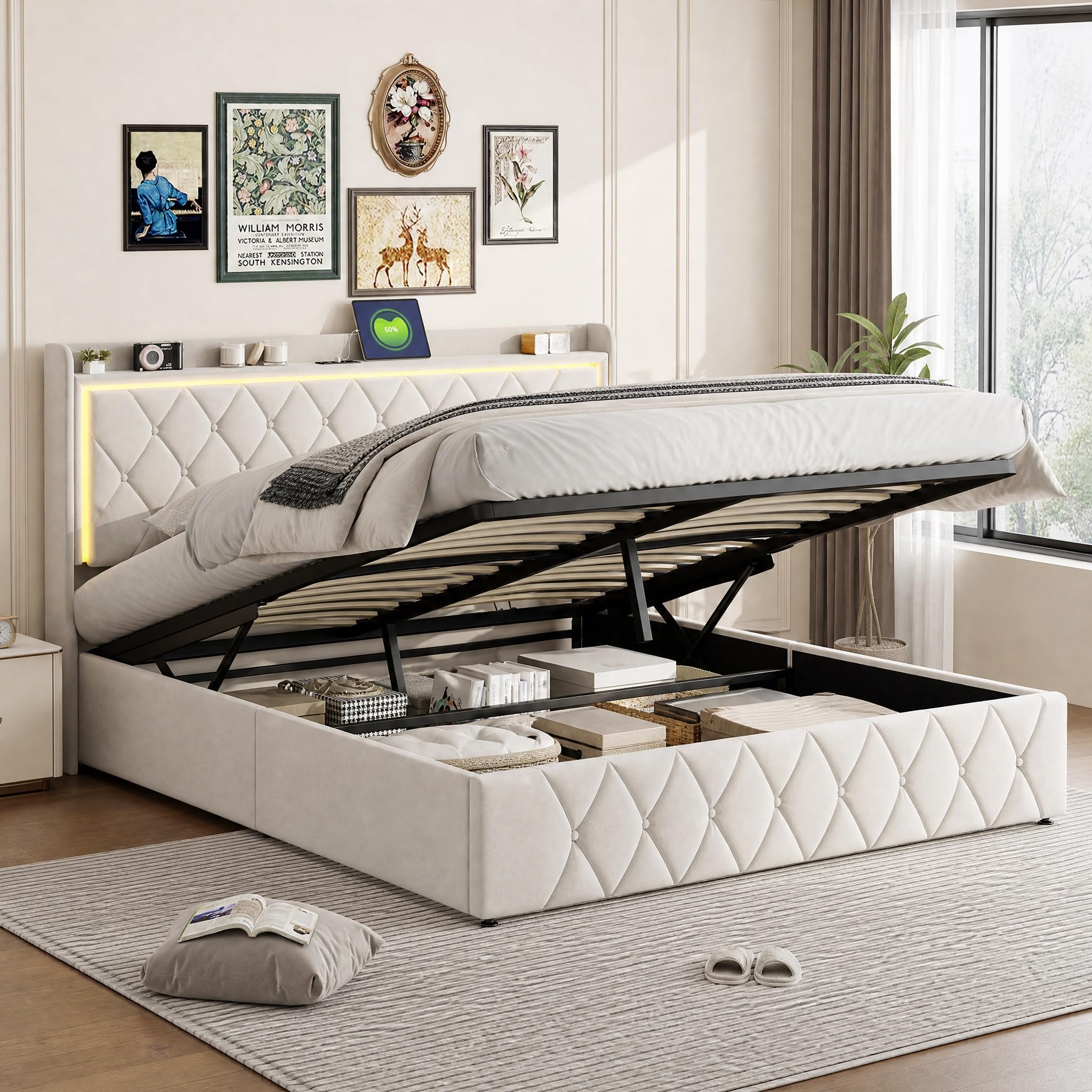 Lit Coffre 160x200cm avec LED et USB, Lit Double Rembourré en Velours Beige avec Sommier à Lattes, Tête de Lit avec Rangement, Cadre de Lit Capitonné pour Adultes et Adolescents
