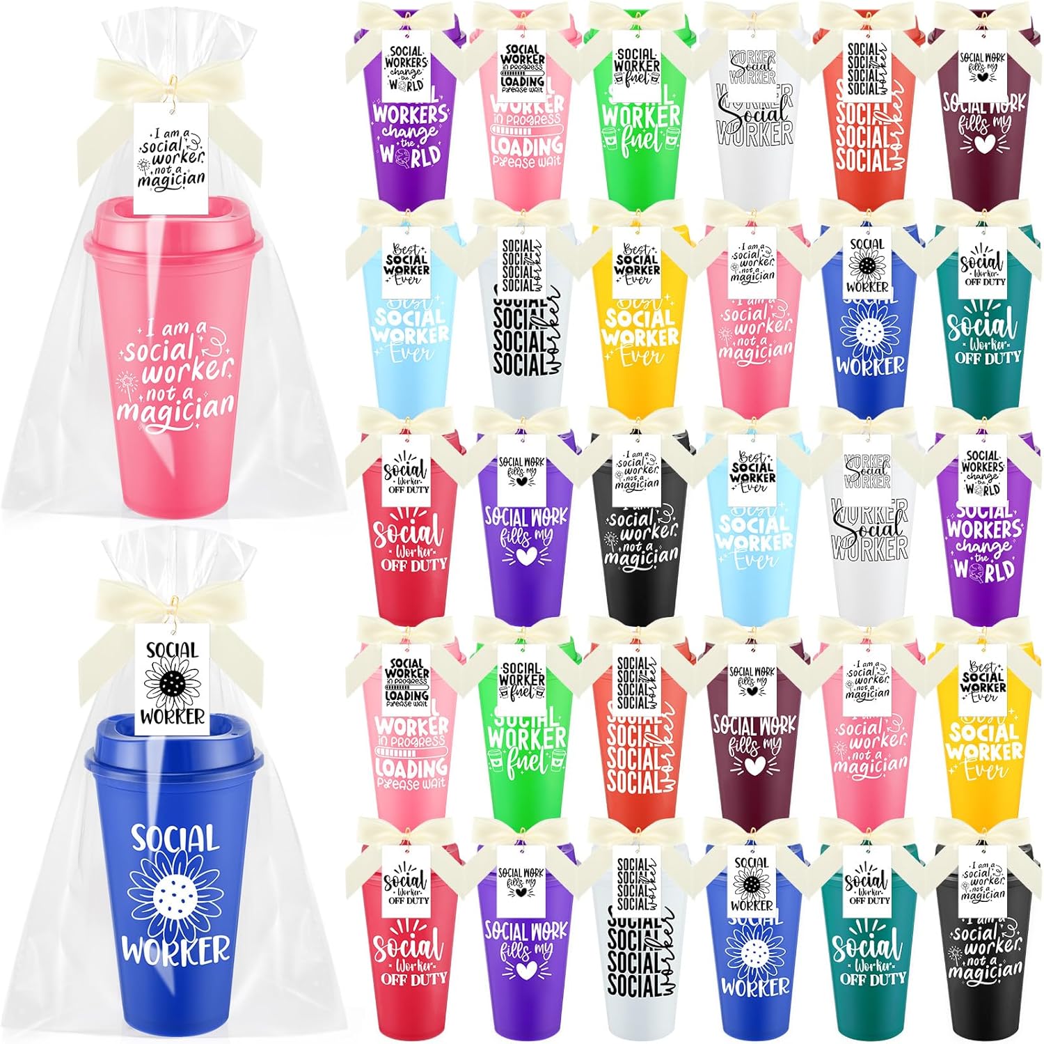 Hushee 30 Sets Social Worker Appreciation Gifts Bulk, 16oz Reusable Plastic Coffee Tumbler Cup with Lid Thank You Card Bag for Social Work Month Coworker Employee Staff Team Volunteer(Thanks)