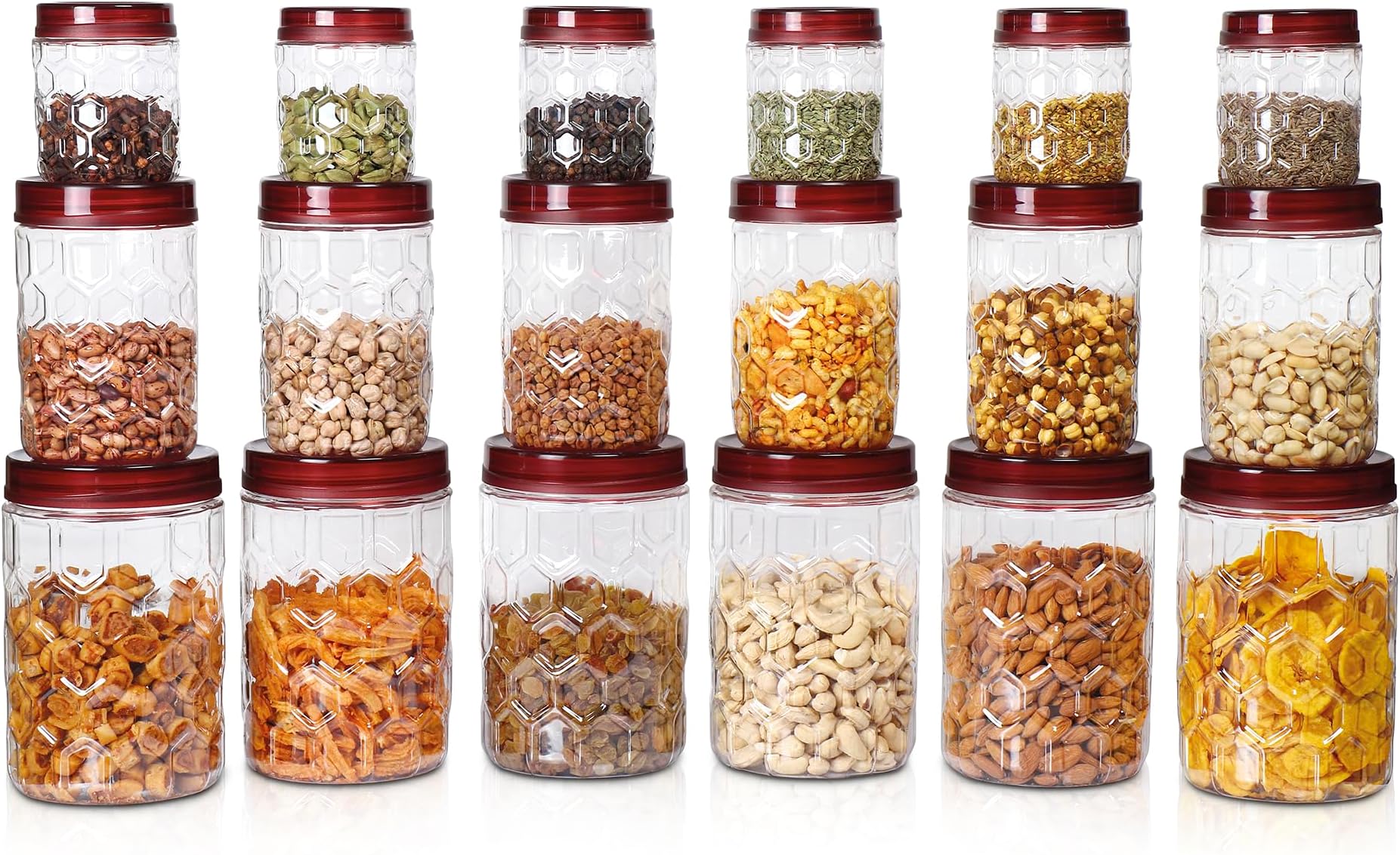 Hexa Airtight Containers for Kitchen Storage Food Grade Plastic, Stackable & Transparent Organizer Jars, Masala Dabba, Set Of 18 (6 x 270ml, 6 x 665ml, 6 x 1.24L) Tea, Coffee, Sugar, Dry Fruits