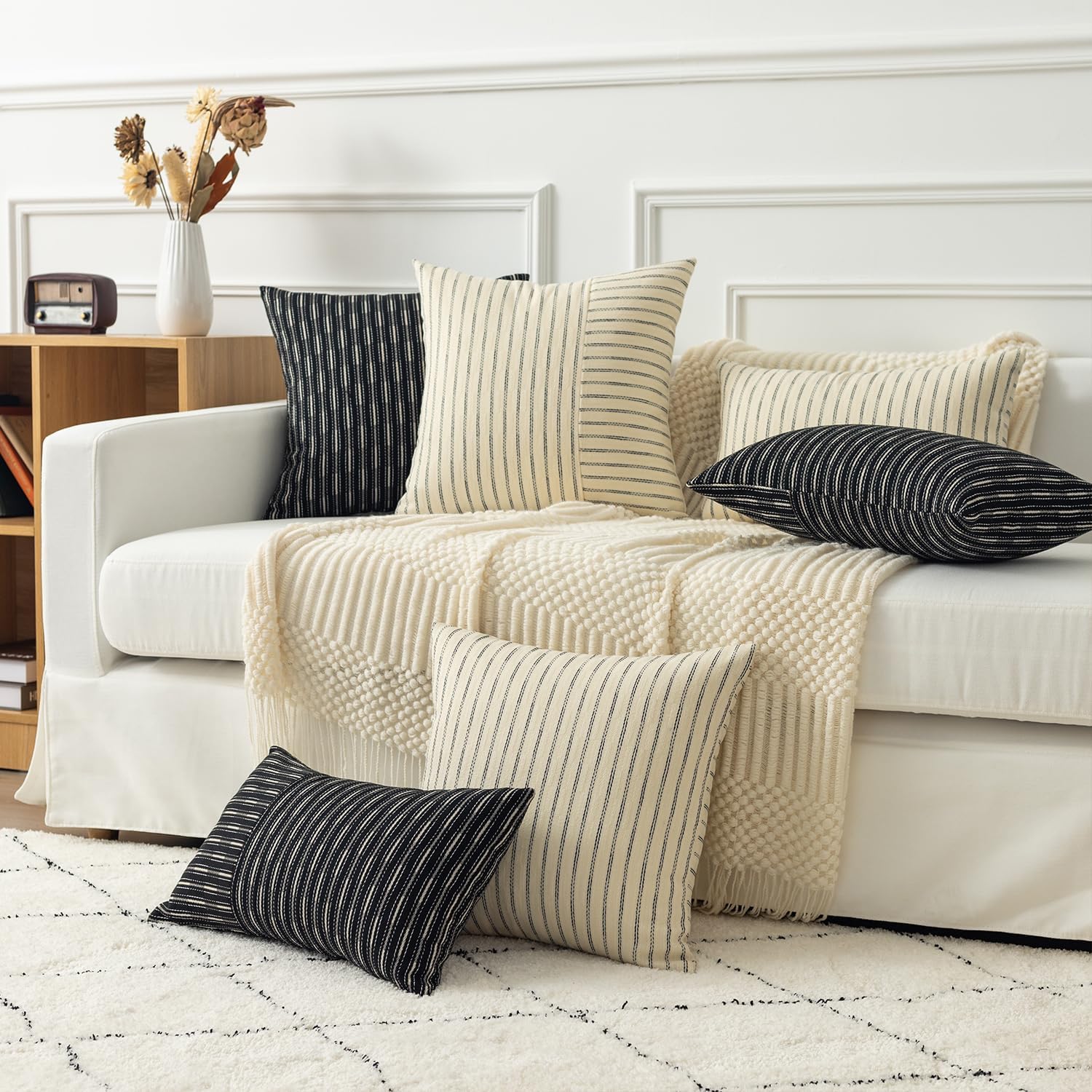 Kevin Textile Ink Black and Beige Patchwork Farmhouse Pillow Covers 20x20 Inch, Pack of 2 Striped Linen Decorative Modern Accent Pillow Cases for Sofa Couch Bedroom - Image 7