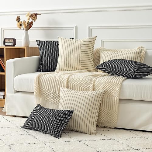 Miniatura 6 de Kevin Textile - Fundas de almohada de 16 x 16 pulgadas de color beige y negro, paquete de 2 fundas de almohada decorativas de lino a rayas modernas