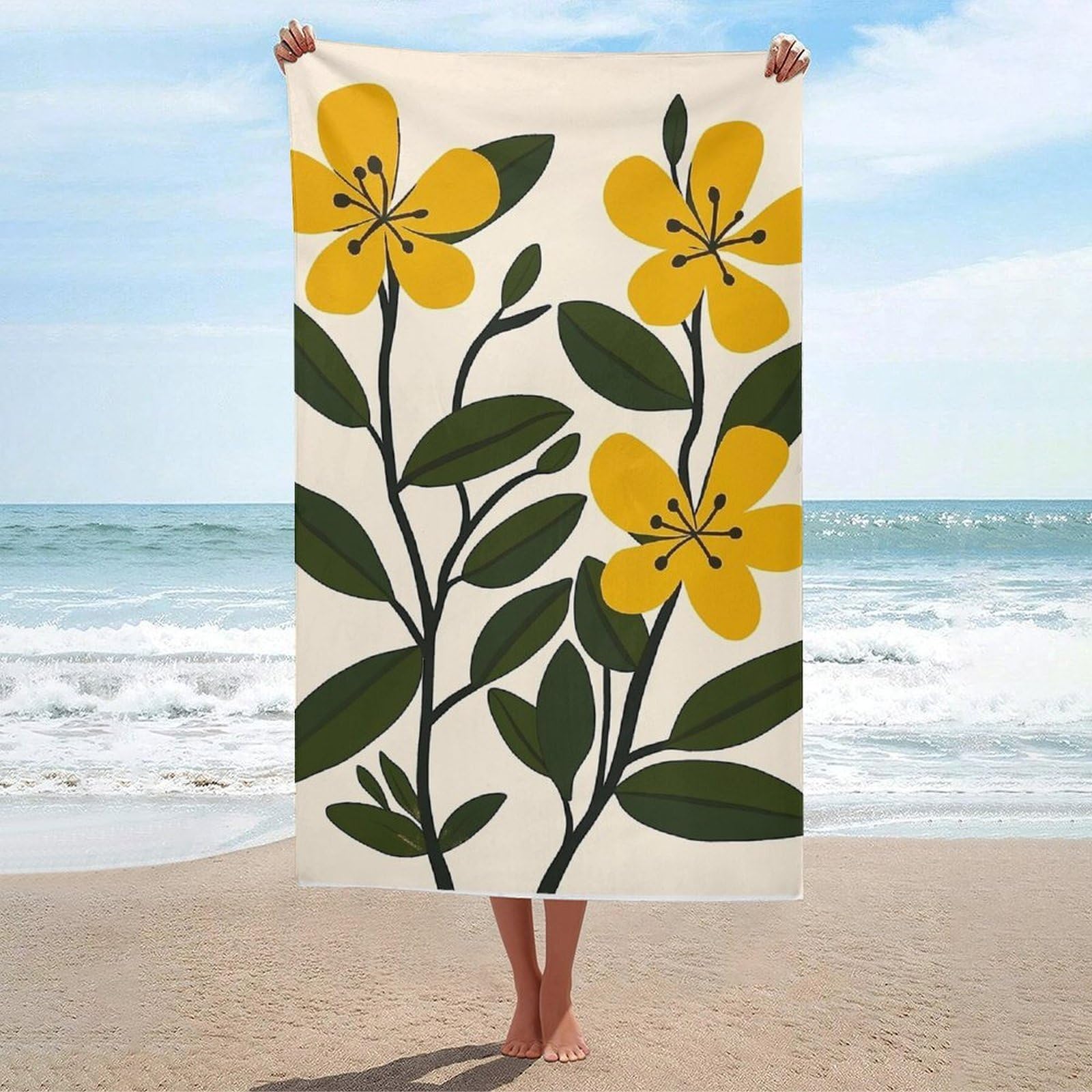 asbwuo Mid-Century Botanical Art Yellow Flowers Beach Towel