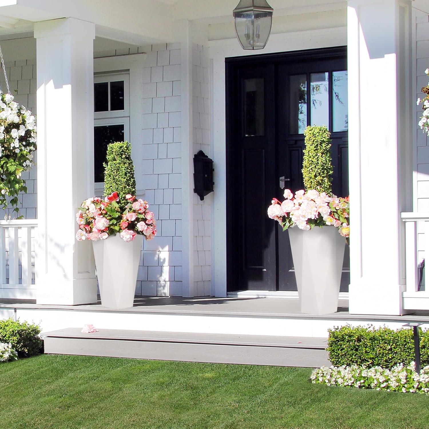 2 Pack 22 Inch Tall Diamond Planters, Modern Self-Watering Flower Pots with Water Level Indicator for Indoor & Outdoor Plants, Patio, Porch, & Home Décor, White