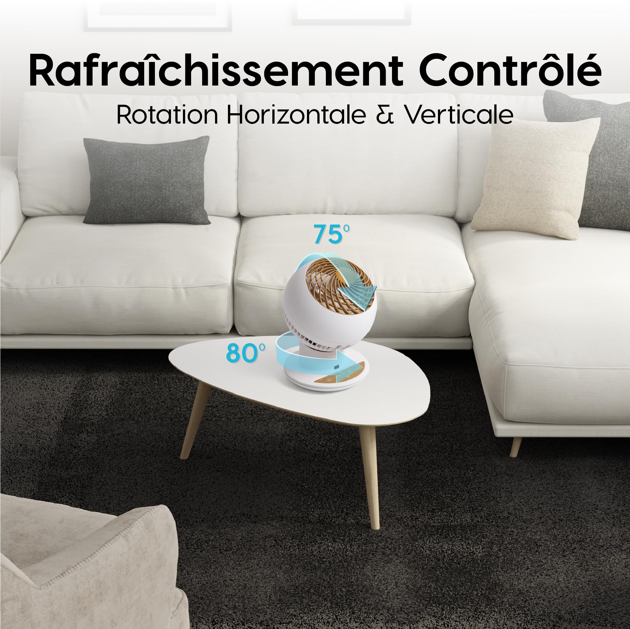 Iris Ohyama Woozoo Ventilateur de Table, Pièce de 30m², Oscillation Multidirectionnelle, Télécommande, Silencieux 30dB, Portable, 5 Vitesses, Minuteur, Fan, Pour Chambre, Bureau, Blanc-Bois, PCF-SC15T