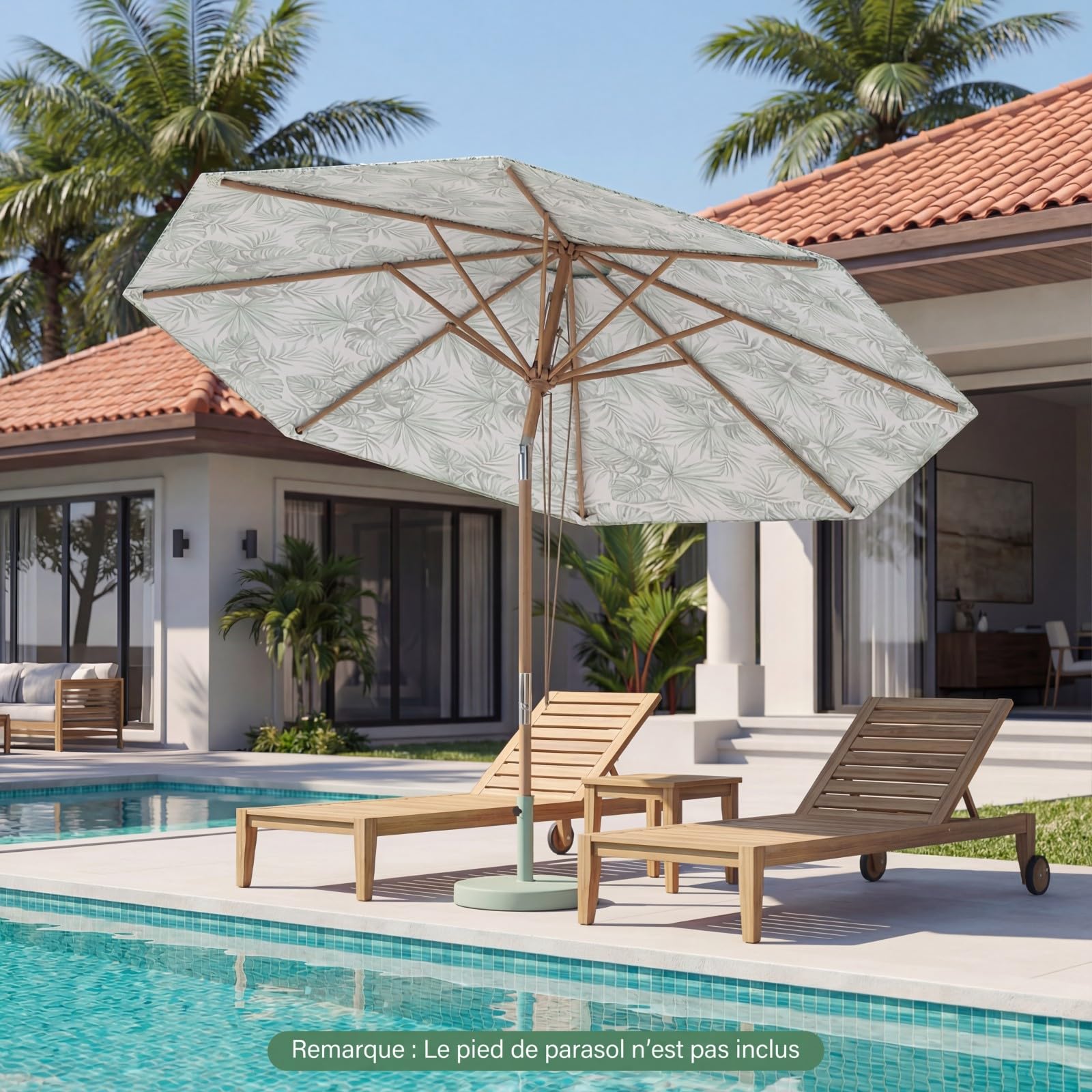 COSTWAY Parasol de Jardin Extérieur Φ270 CM, Parasol de Plage Inclinable sans Pied, 3 Hauteurs Réglables, 8 Baleines, Poteau en Bois, Toit Ventilé, pour Cour, Piscine, Terrasse, Balcon, Vert