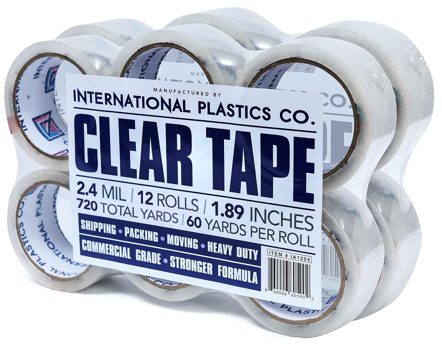 International Plastics Co. Heavy Duty Packing Tape Refill, 1.88 Inch x 60 Yards, 12 Rolls, 3" Core, Packing, Shipping and Mailing, Strong Seal on All Box Types (12 Pack, Clear)