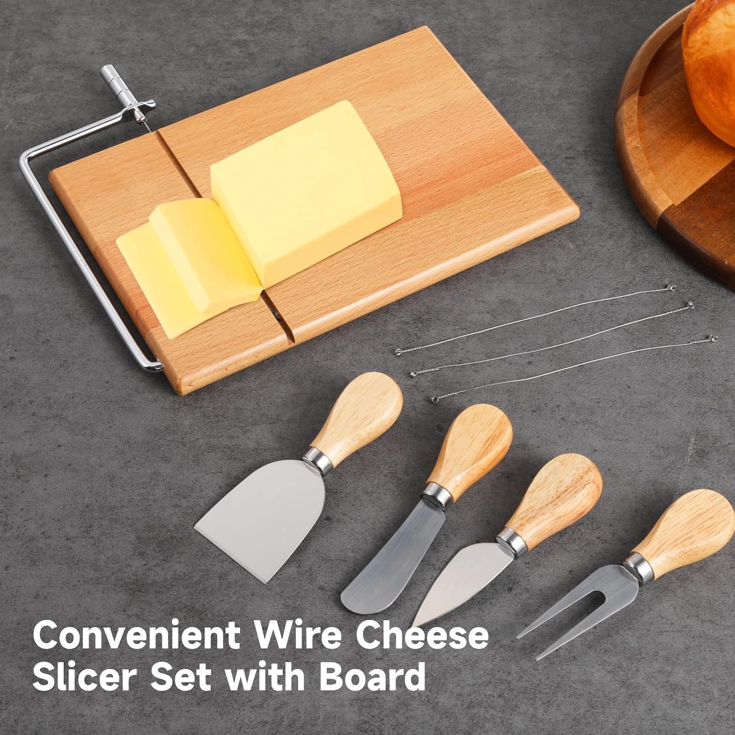 Acacia Wood Cheese Cutter Slicer With Adjustable Tension, Cheese Slicers Set, 4 Cheese Knives, 3 Quick Change Wires, For Cheese And Mozzarella