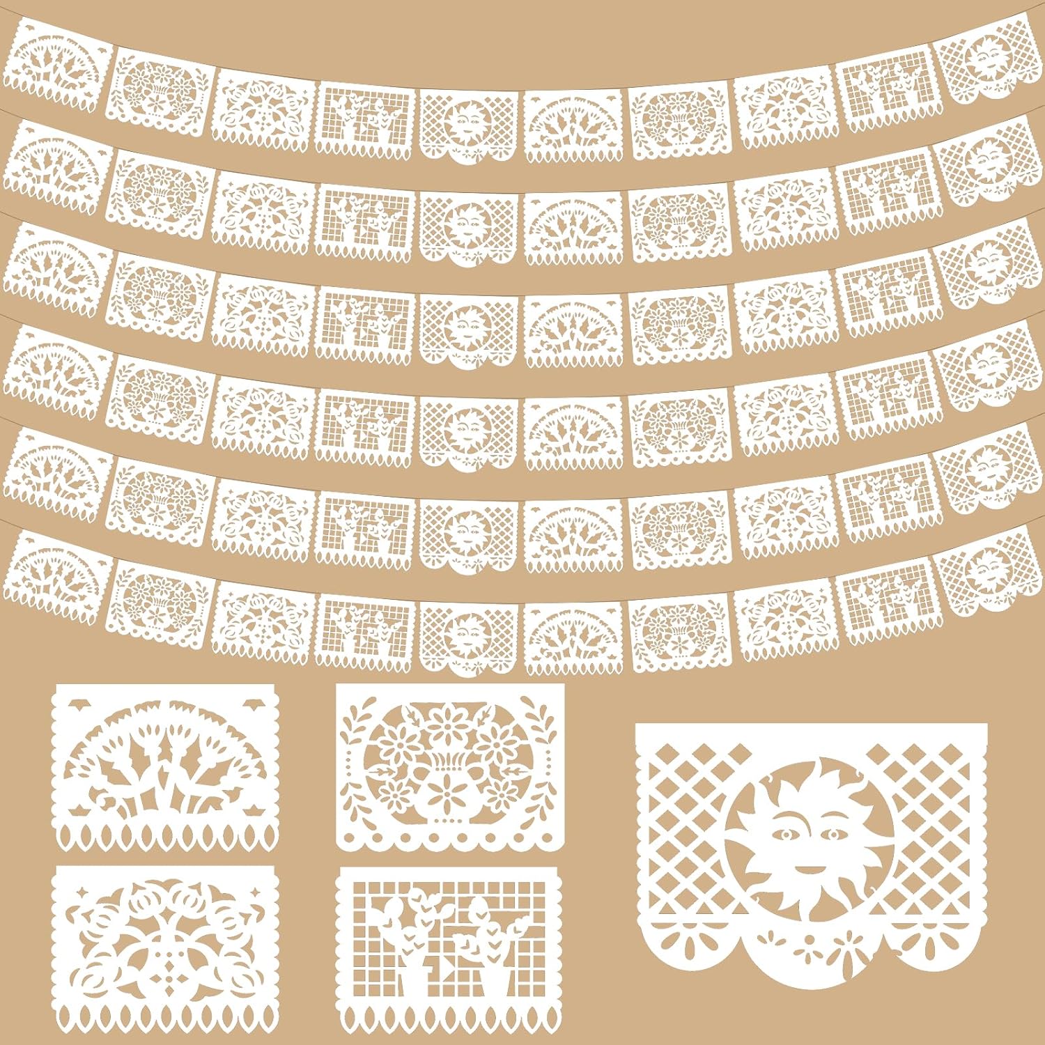 6 Pack White Papel Picado Banner, 118 FT Long Mexican Party Decorations, Plastic Fiesta Banner for Weddings, Cinco de Mayo & Dia de los Muertos, Papel Picado Blanco para Fiesta, Large Mexican Wedding Decorations