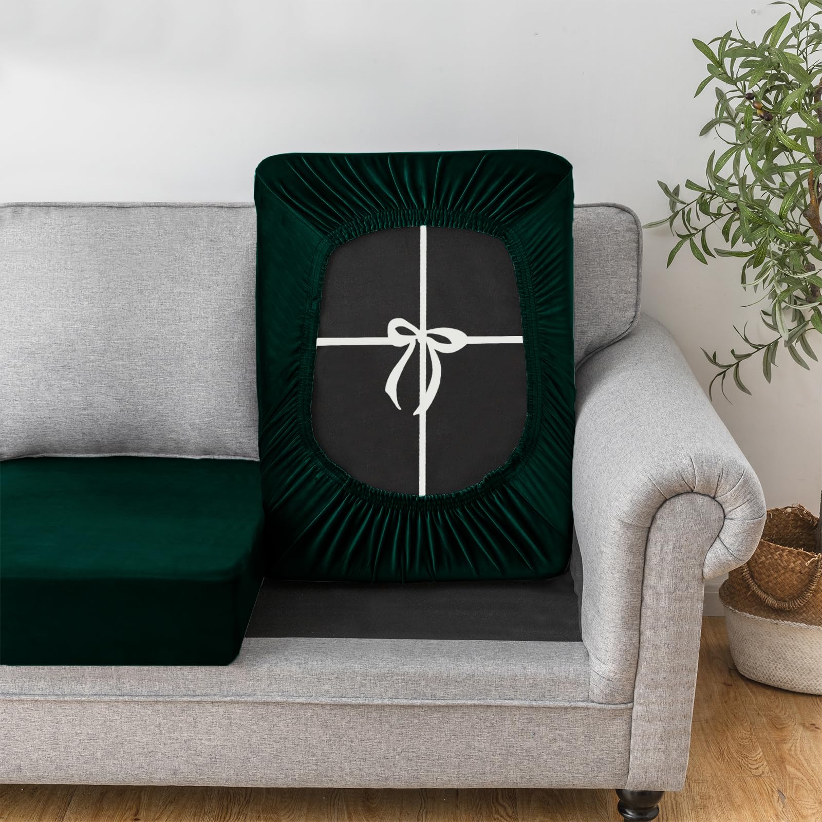 UNBBRRL Sofa Cushion Cover Stretch Velvet, Removable Sofa Seat Cushion Cover With Ties, Sofa/Couch/Settee Covers Furniture Protector replacement (green,W(160-220cm),D(65-90cm))