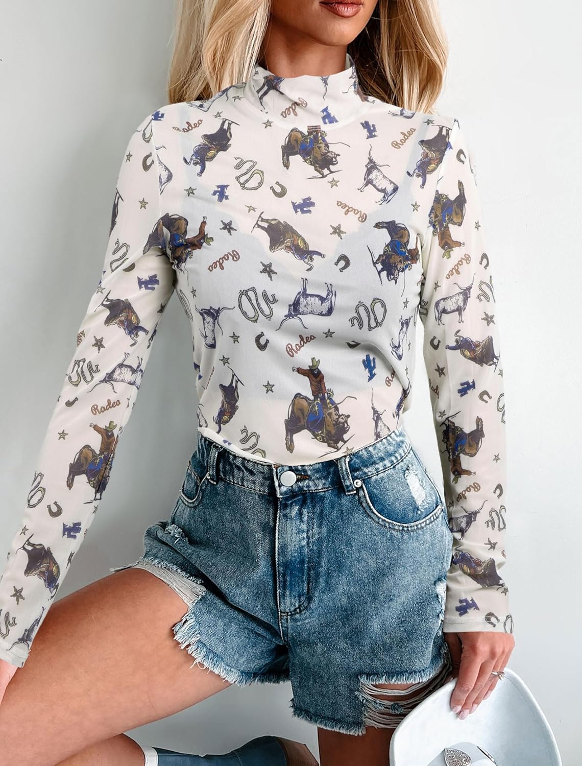 Western Mesh Top Women See Through Cowboy Shirt Mock Neck Country Concert Outfits Layering Sheer Long Sleeve Tops - Image 2