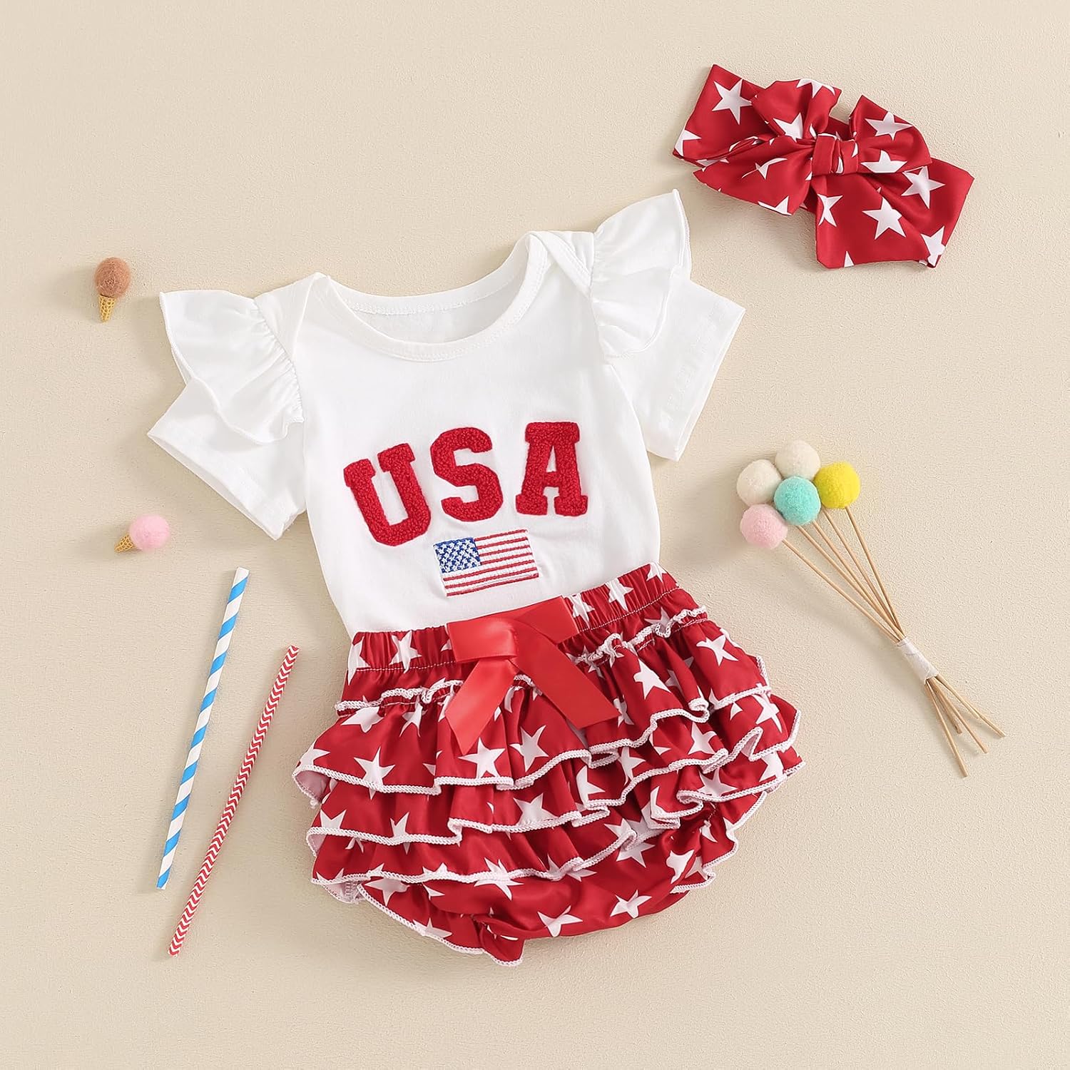 Infant Baby Girl 4th of July Outfit Short Sleeve Romper + Ruffle Shorts Set Cute Fourth of July Clothes