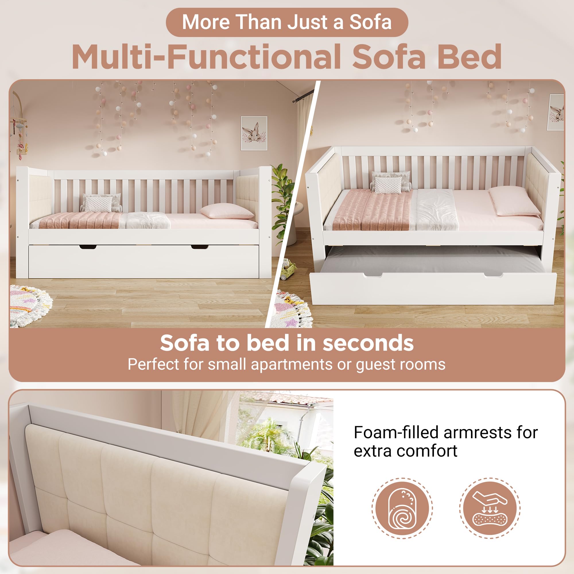 Soweiz Sofá cama blanco, madera, con reposabrazos redondeados, respaldo cómodo, perfecto para apartamentos pequeños, fácil montaje, sin colchón (90 x 200 cm con cama nido)