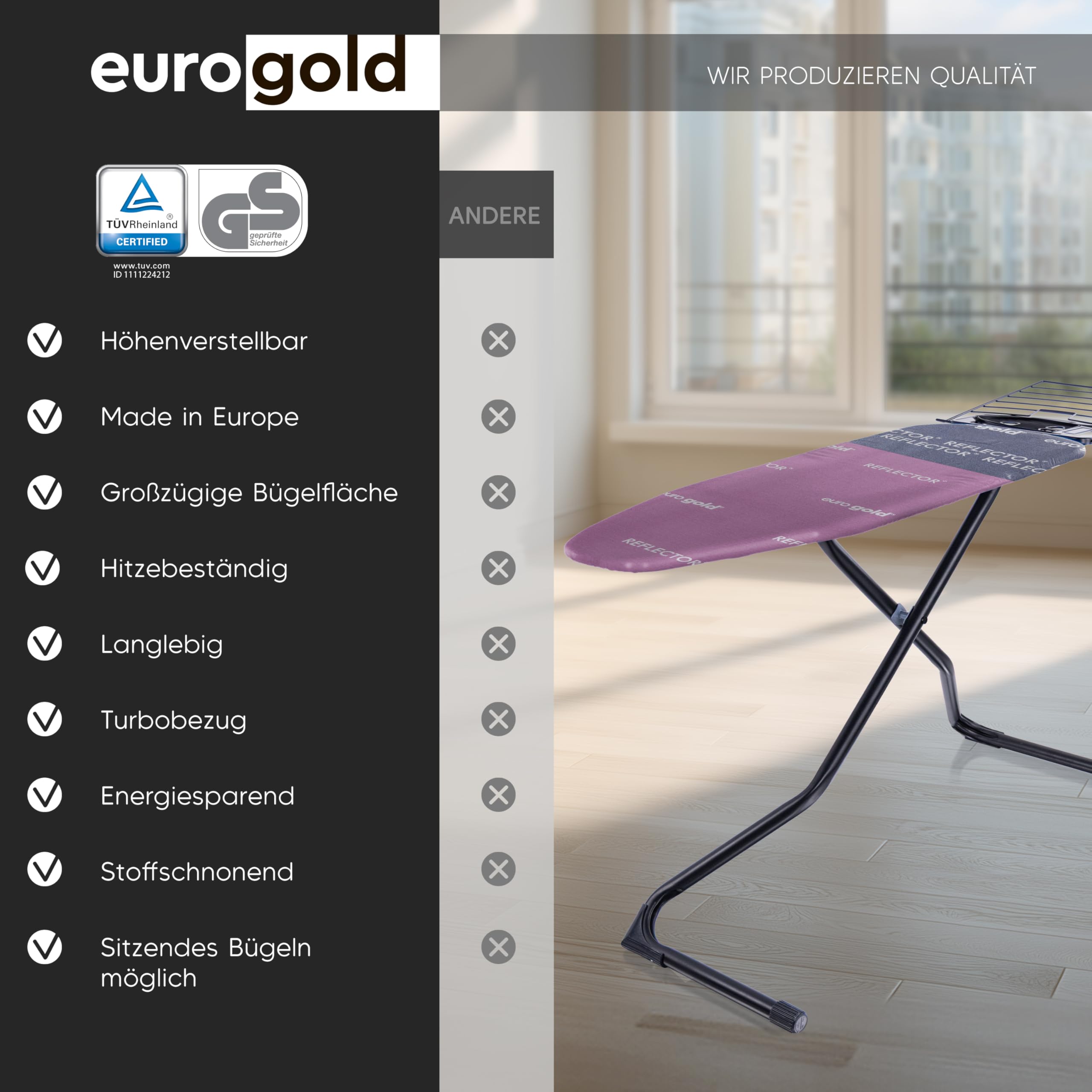 EUROGOLD Bügeltisch 120x42 cm – Großes Bügelbrett höhenverstellbar mit Reflektor-Bezug für effizientes Bügeln, TÜV-Zertifiziert, Made in Europe, Ironing Board (Paris Pink)