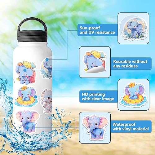 Miniatura 7 de Paquete de 50 calcomanías de elefante, lindas calcomanías de animales para niños y adultos, calcomanías Kawaii para botellas de agua, laptop,