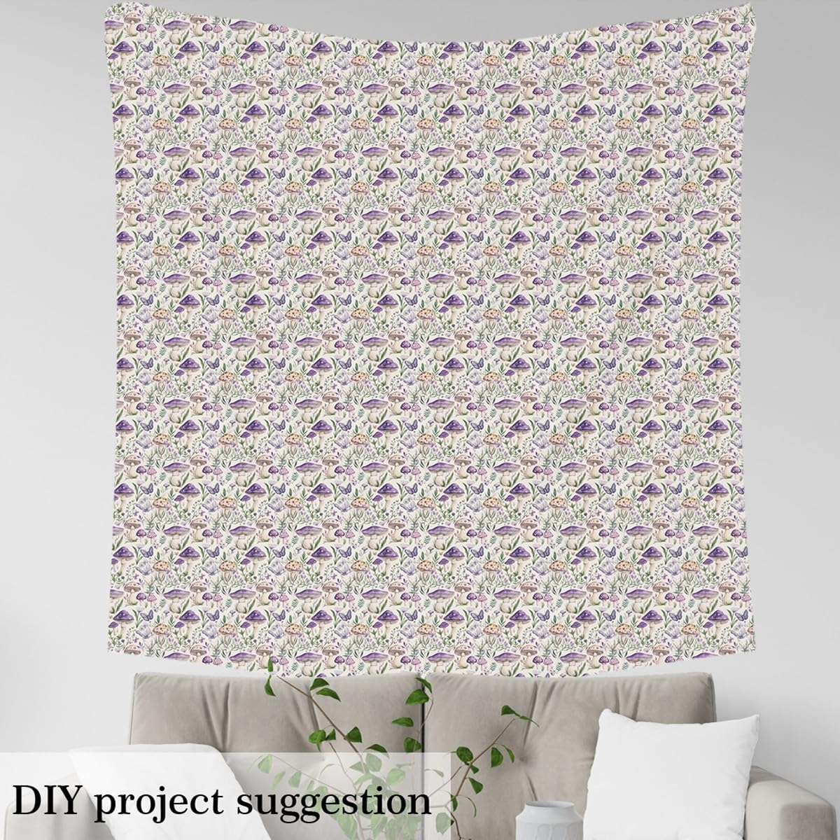 Purple Mushroom Upholstery Fabric for Chairs | Aesthetic Rustic Butterfly Fabric by The Yard 109"x63", Jungle Wild Plants Flowers Boho Country Botanical Sewing Fabric DIY Projects,White