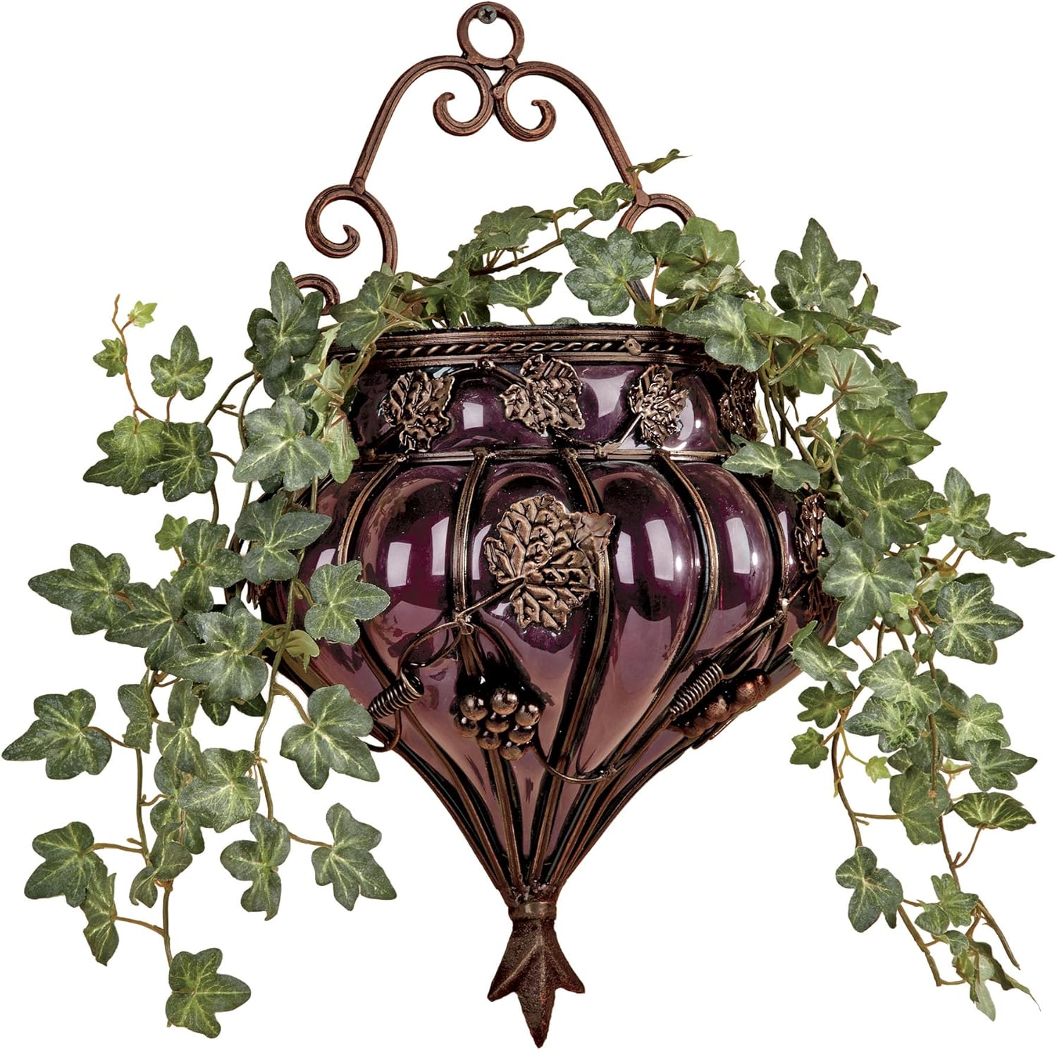 Touch of Class Grape Vase Wall Accent - Metal, Glass - Purple, Antique Bronze - Vineyard Grapevines and Leaves Decor for Bedroom, Living Room, Dining Room, Kitchen, Sunroom