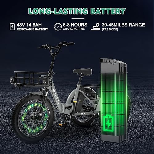 Vista 18 de LILYPELLE Triciclo eléctrico para adultos, triciclo eléctrico plegable de 500 W, triciclo eléctrico de 3 ruedas, bicicleta eléctrica motorizada