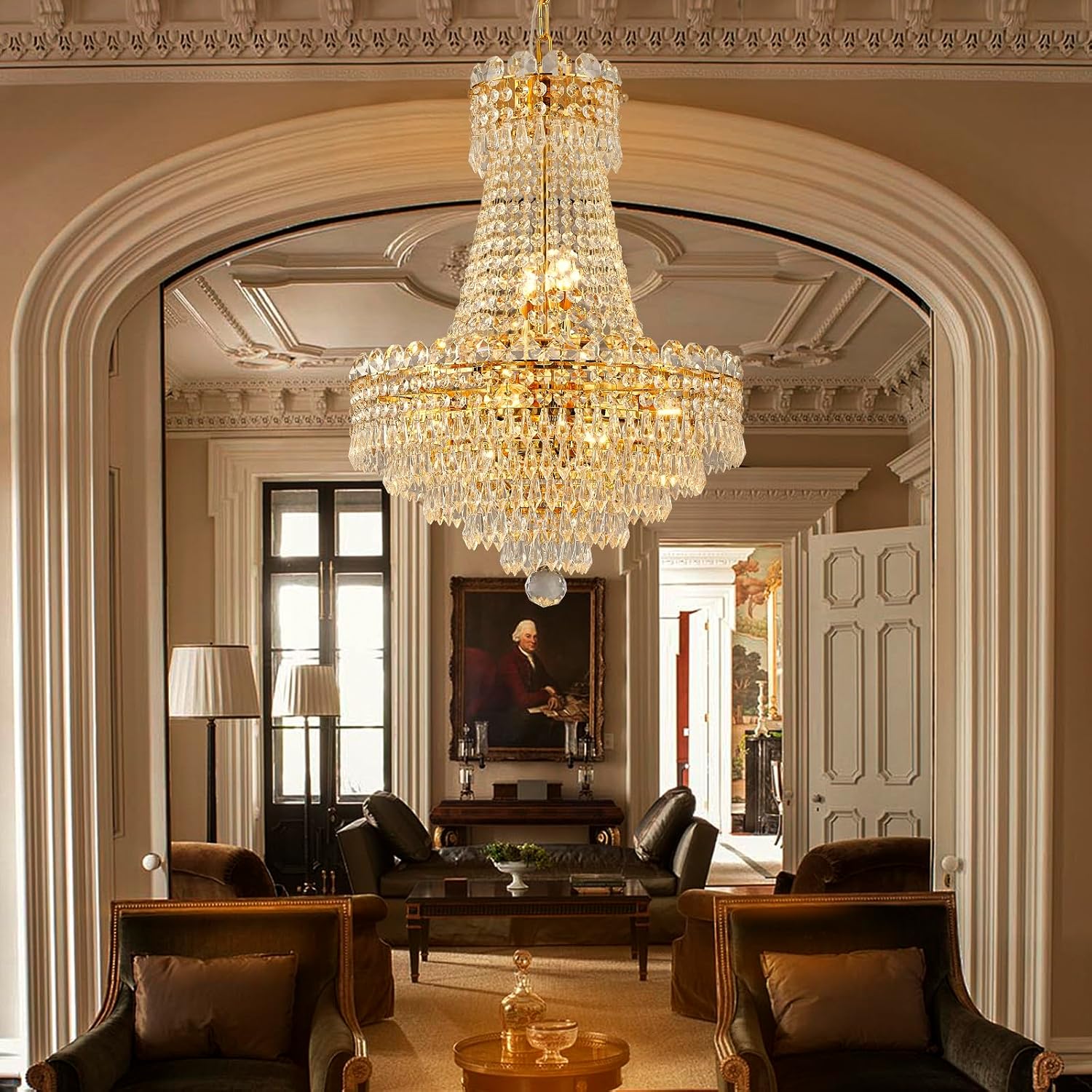 Gold Plating Crystal Chandelier for Entryway, Dining Room, Modern Hallway - 8 Lights, Close to Ceiling, Large K9 Pendant Light Fixture - D16 x H21
