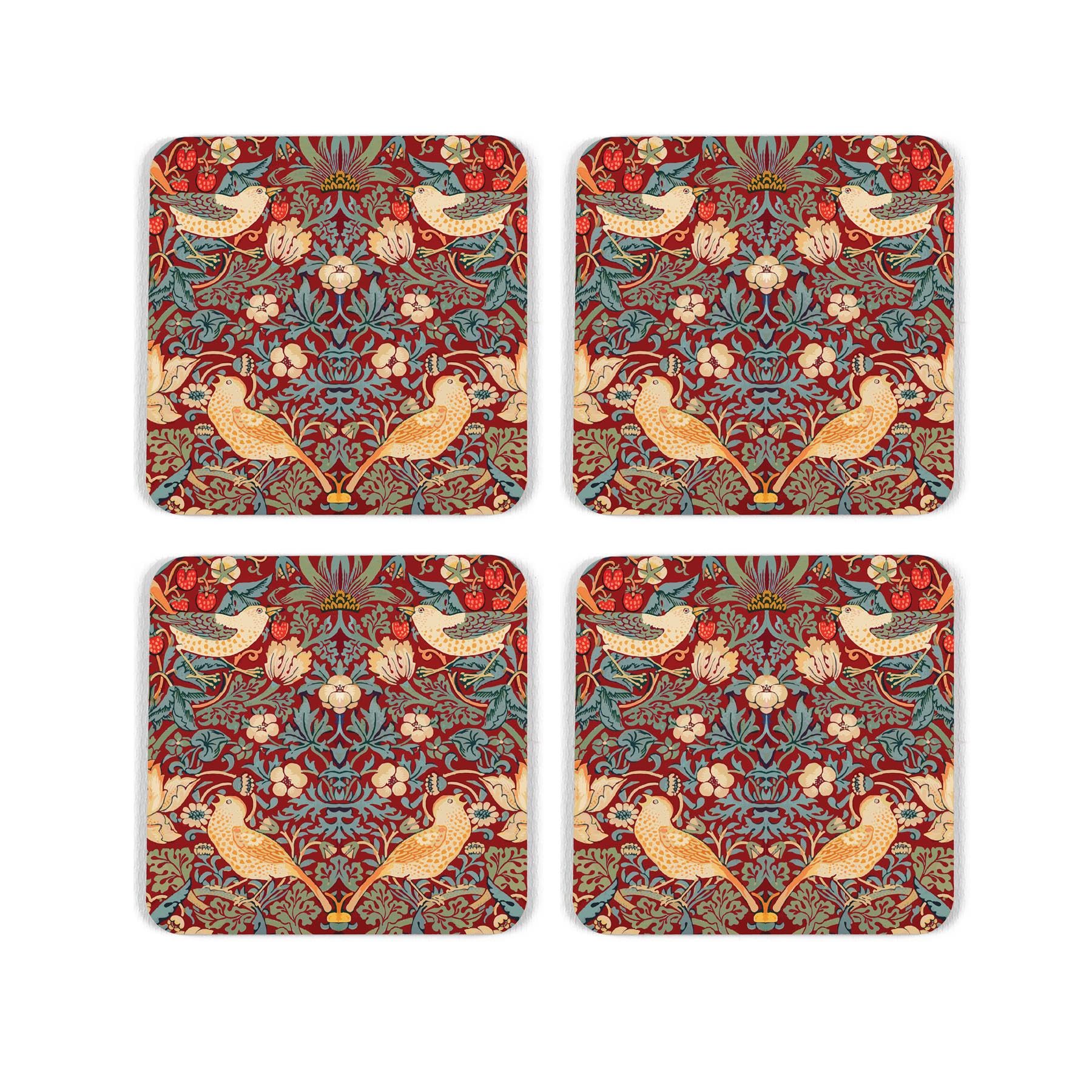 Red Strawberry Thief Cork Coaster Set - William Morris Artwork Gifts - Set of Four (4) Square Drinks Coasters