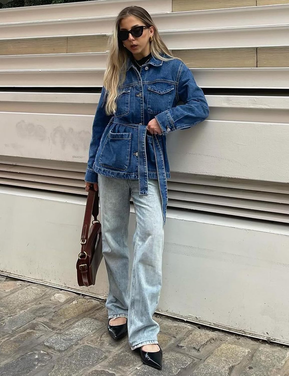 Skirt BL Jean Jacket Women With Belt Mid Long Oversized Denim Jacket for Women With Pocket Long Sleeve Jean Coat Trendy - Image 3