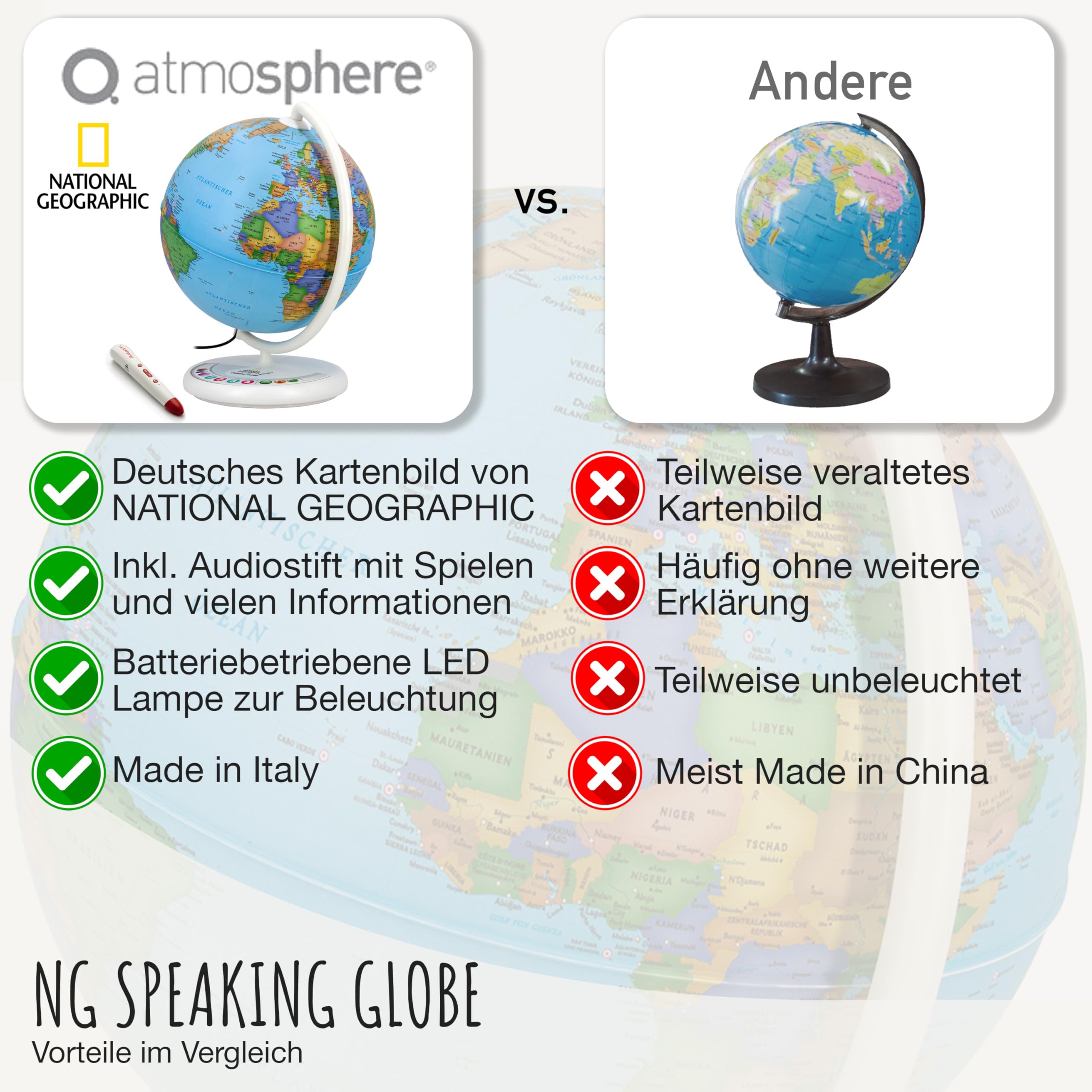 National Geographic Speaking Globe - Globo terráqueo luminoso interactivo de 25 cm con lápiz de audio para información y juegos, globo luminoso con cartografía política alemana
