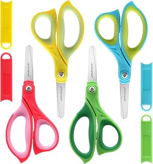 Kids Scissors Blunt Safety: 5” Left & Right Handed Small School Scissors Stainless Steel Blades Child Craft Scissors with Cover for Toddlers Students Teachers Classroom Children, 4 Pack
