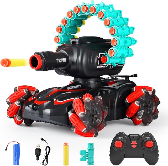 RC Car Shoot Nerf Bullet,Rc Tank That Shoots,Battle ANK with Nerf Remote Control Tank That Shoots Foam Darts-Stunts, 16 Foam Darts - Birthday Presents ForKids 7 8 9 10 11 Year Old(red)