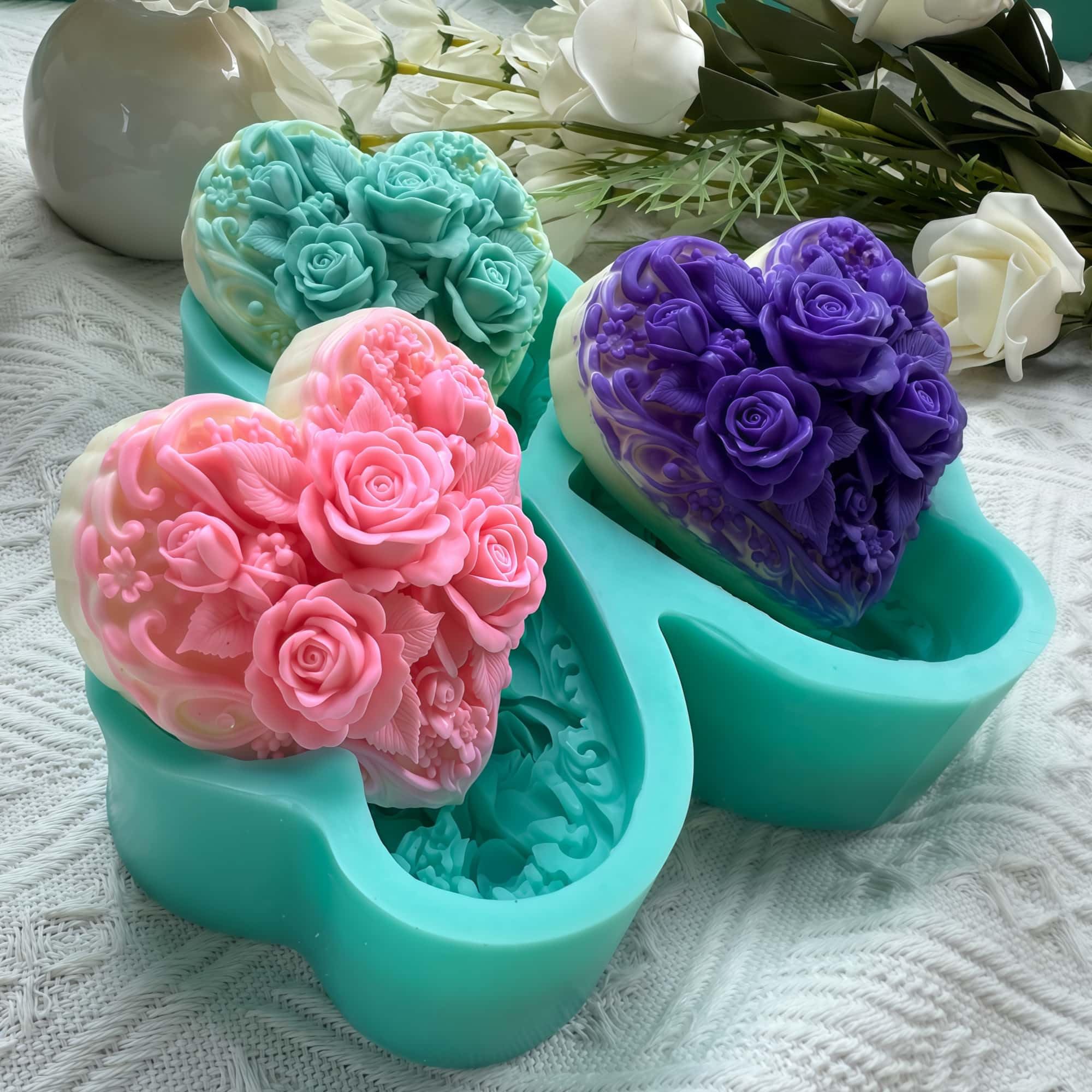 Molde de silicona de corazón de 3 cavidades con diseño de rosas en relieve, molde grande para jabón hecho a mano, fabricación de velas, arte de resina, chocolate, cera derretida, yeso aromático y