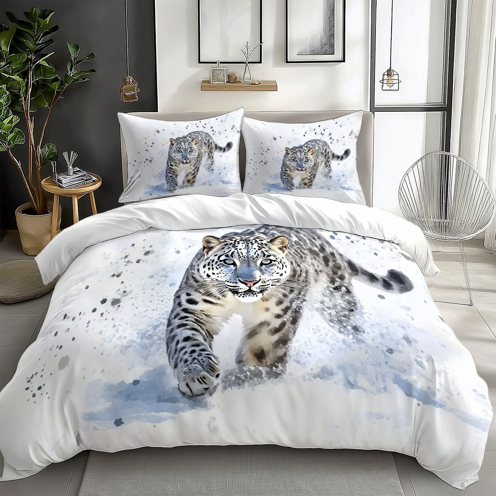 White Bedding Sets Animal Snow Leopard Print Duvet Cover Set, Comforter Cover Full Size Soft Breathable Reversible 3-Piece Bedding for Kids Teens