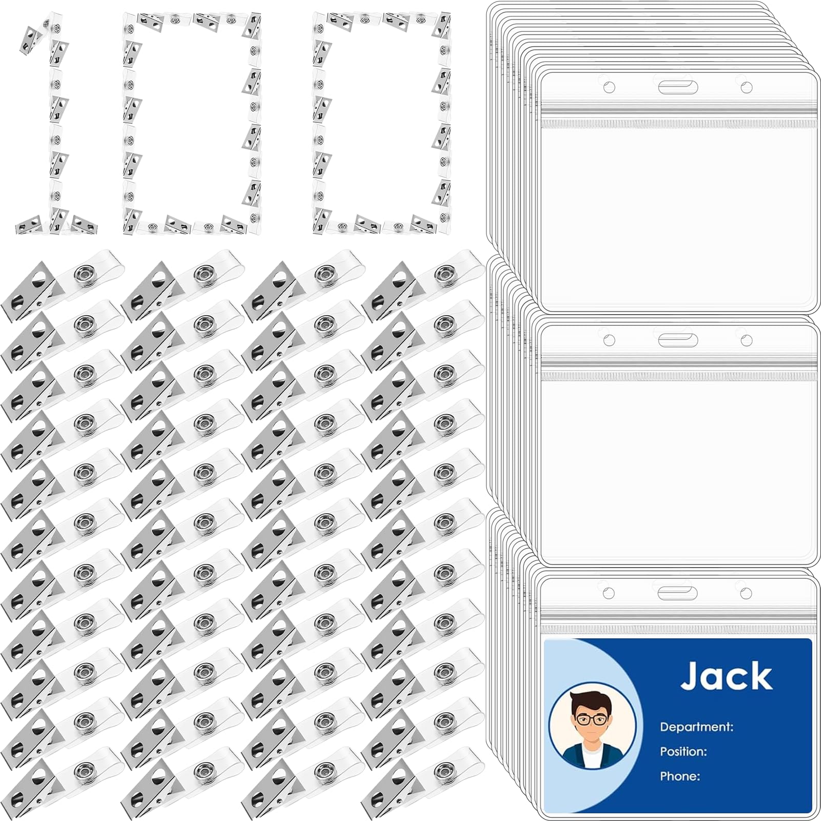 Lot de 200 porte-badges avec clips en métal, 100 porte-badges horizontaux étanches avec 100 clips pour badge d'identification