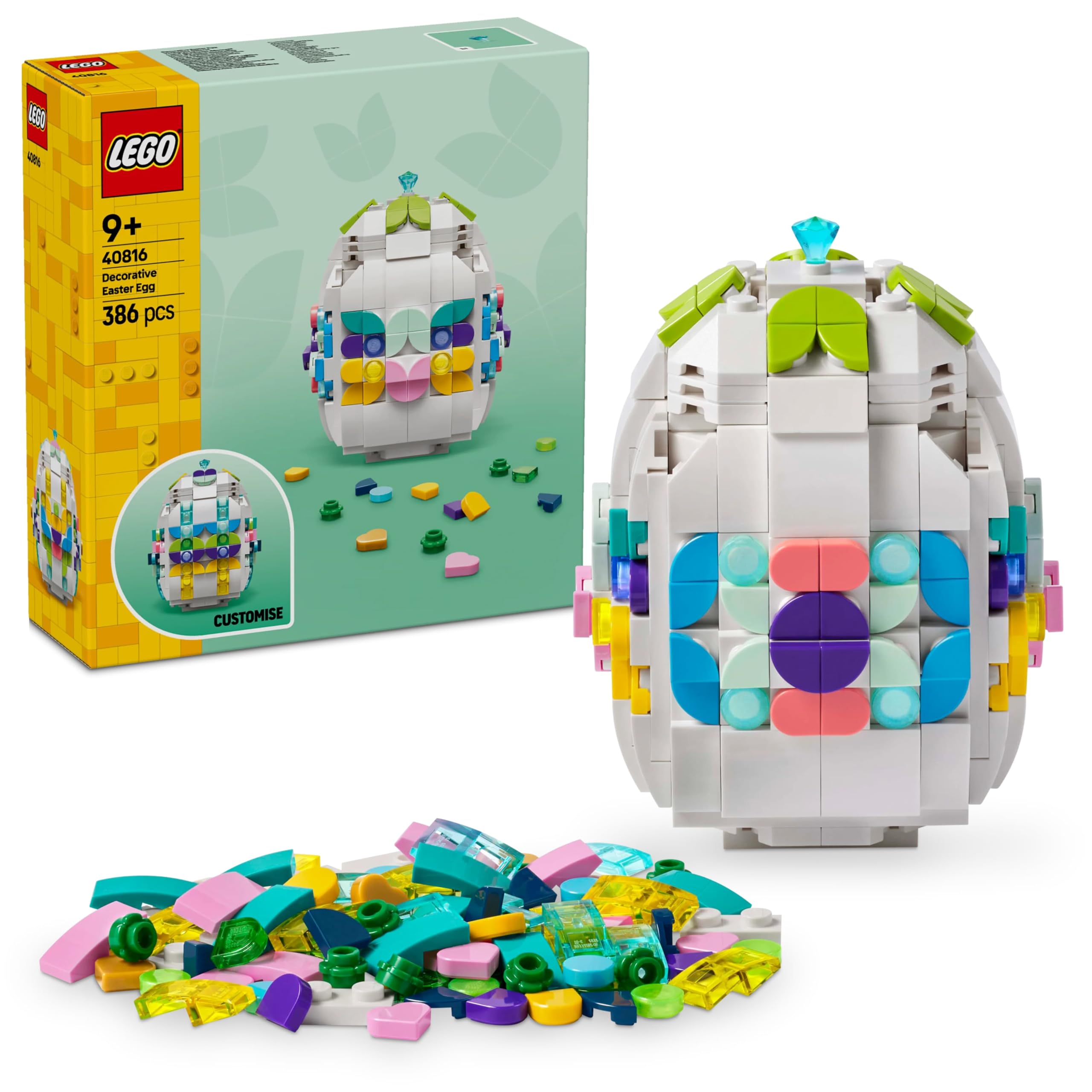 LEGO Decorative Easter Egg, Toy Ornament w/Colourful Decoration Pieces incl. Gold Hearts & a Gemstone