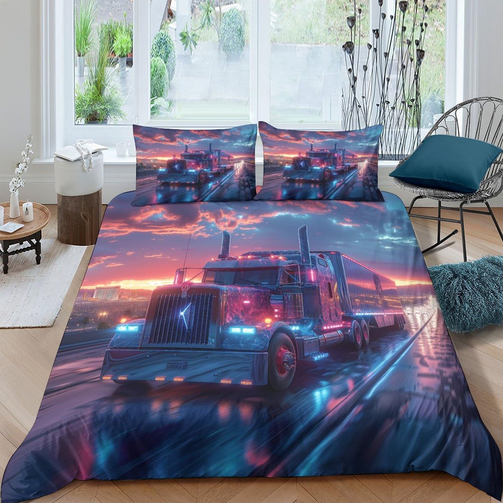 GPLZQXKJNH 3D Printed Sunset Highway Truck Duvet Cover Microfiber Soft Breathable Neon City Bedding Set with 2 Pillowcases for Bedroom Decor Single（135x200cm）
