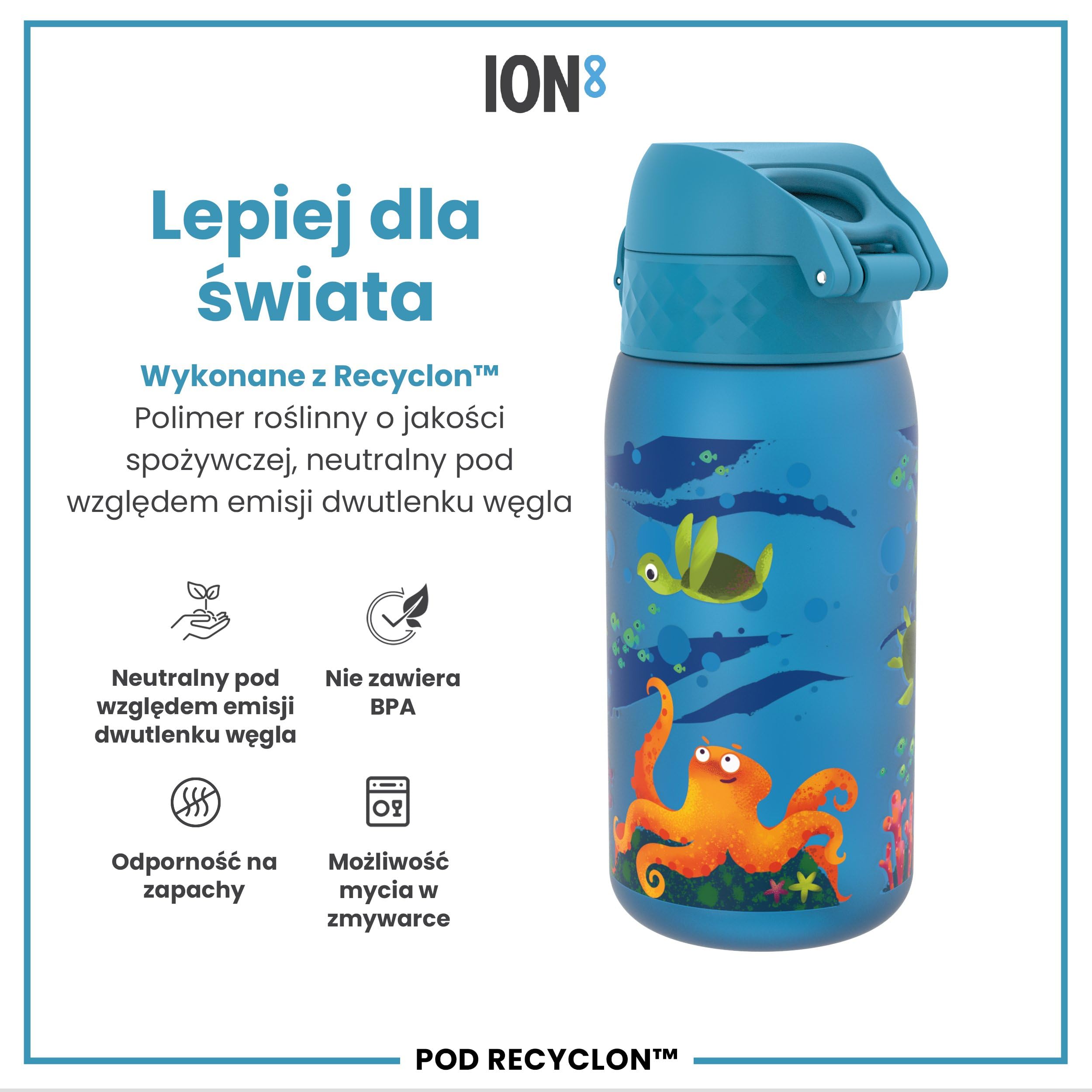 ION8 Butelka dla Dzieci, 350 ml/12 oz, Szczelna, Łatwa do Otwarcia, Bezpieczny Zamek, Można Myć w Zmywarce, Bez BPA, Uchwyt do Przenoszenia, Łatwa do Czyszczenia, Bezwonny, Żółw Morski
