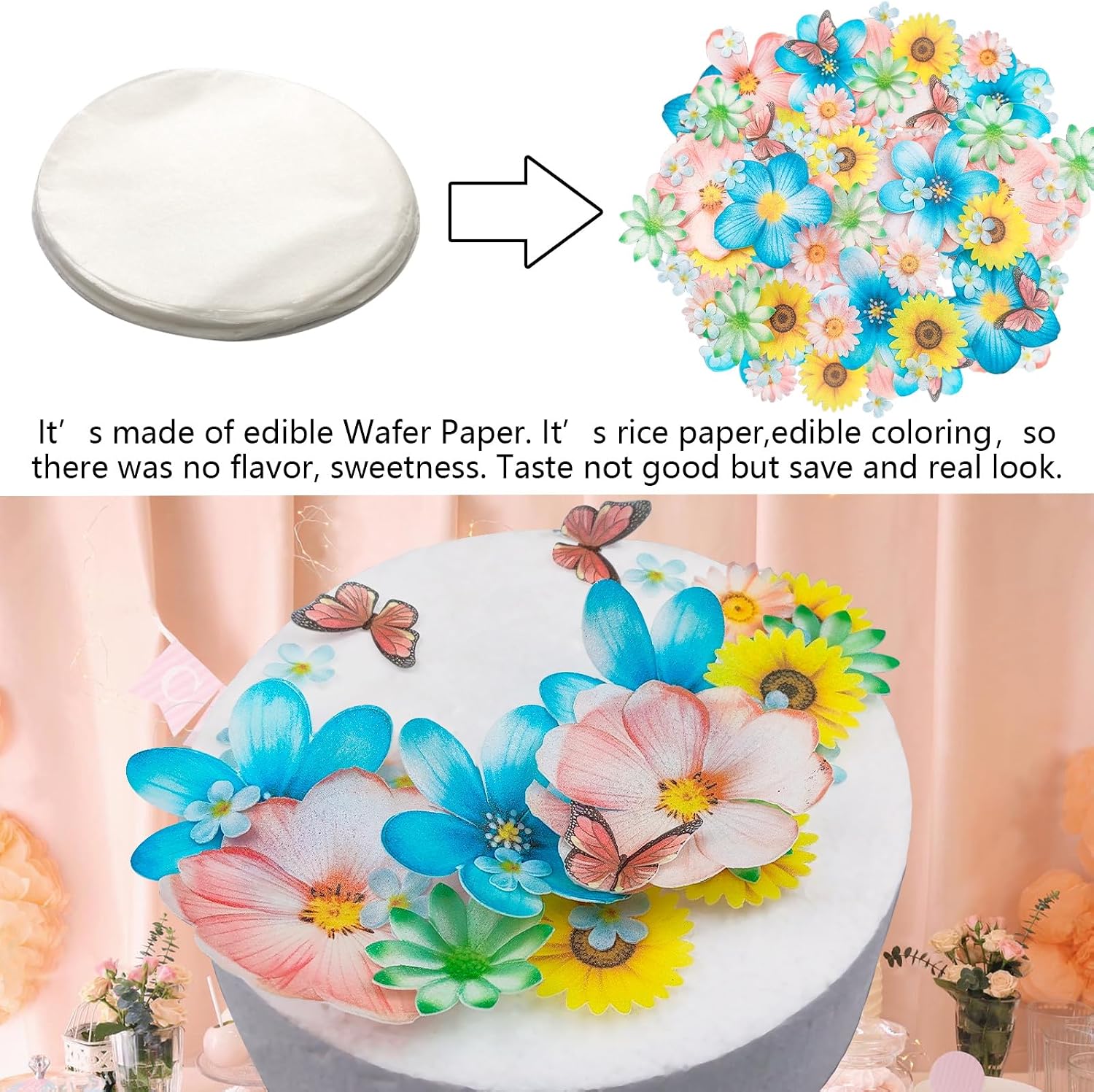 Morofme 55pcs Edible Flower Butterflies Cake Topper Wafer Paper Flower Cupcake Toppers Hawaiian Flower Cake Decorations Mixed Size for Tropical Luau Themed Birthday Baby Shower Party Supplies image 2