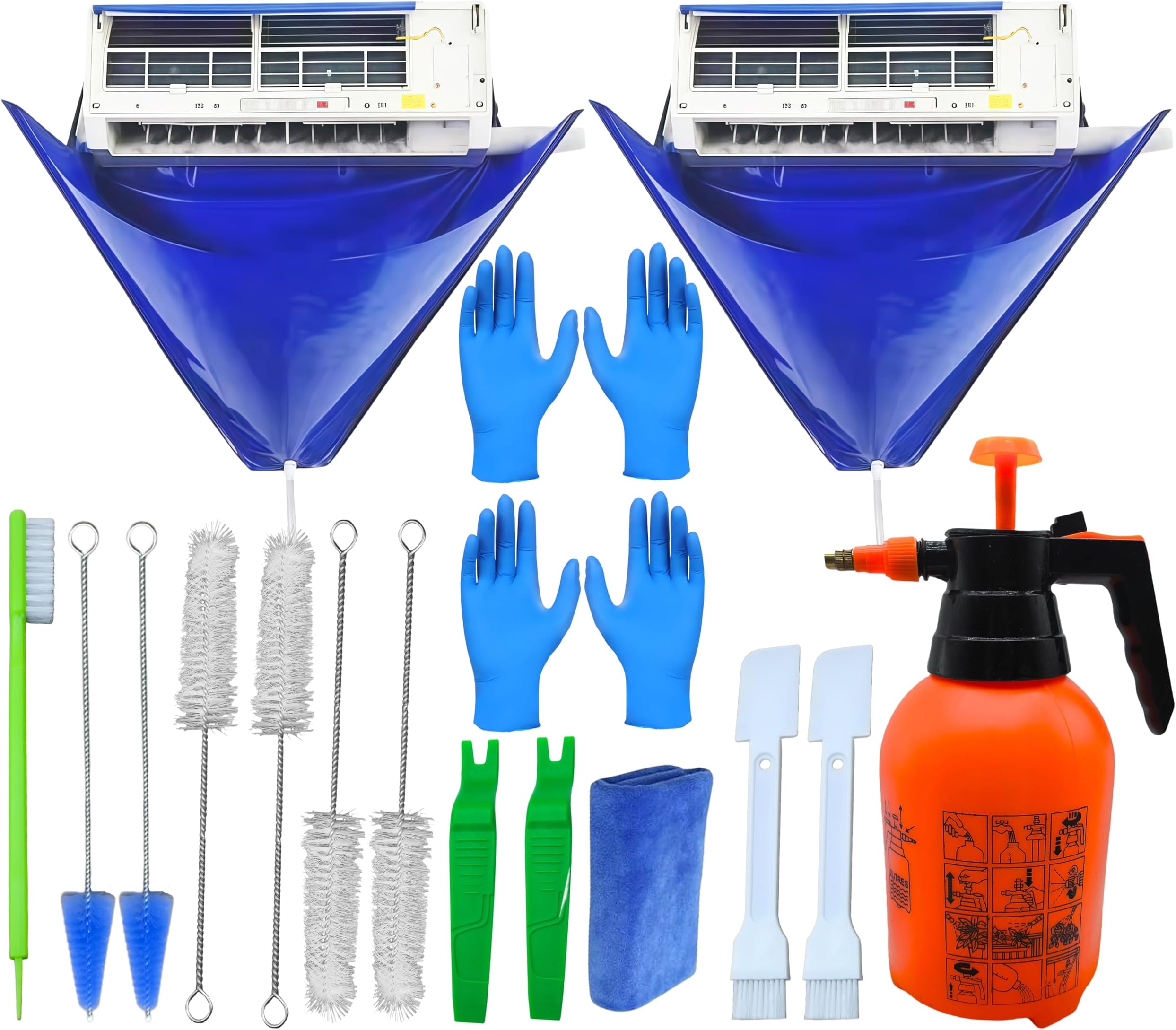 Two Sets Mini Split Cleaning Kit for Air Conditioner,18Pcs Air Conditioner Cleaning Kit with Thickened PVC Ac Cleaning Cover Wiht,with 2L High Pressure Sprayer