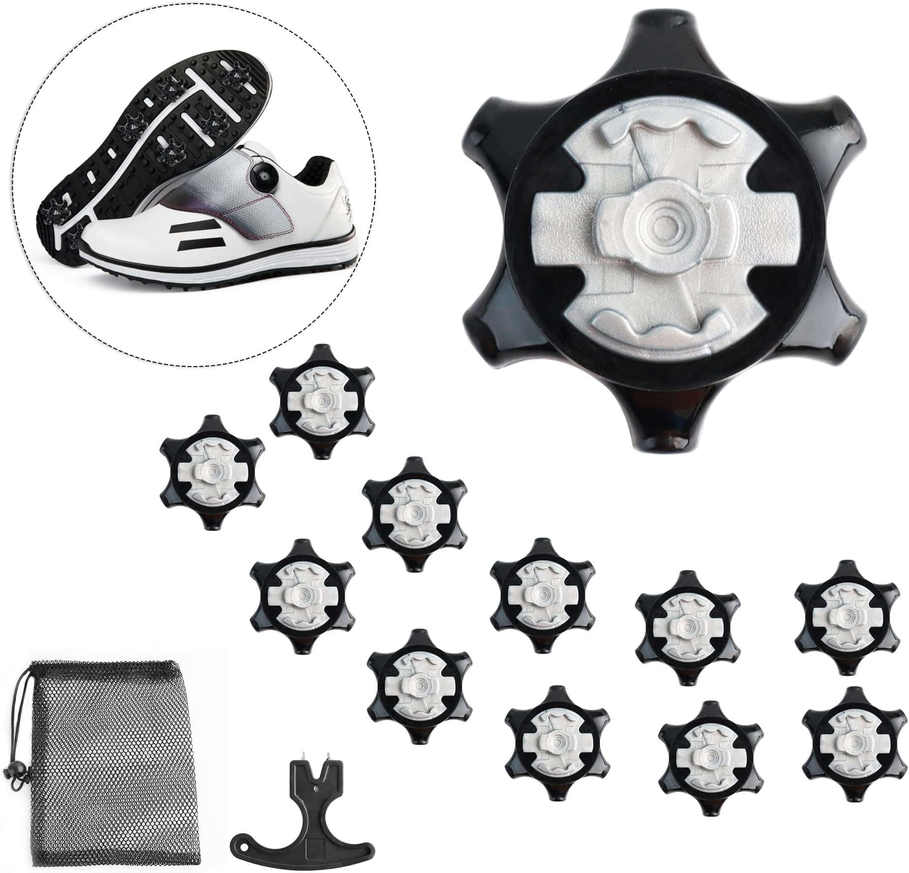 12 Universal Golf Spikes Set Non-Slip with Wrench, Black Cleats Golf Shoe Cleats Tooth Spikes, Replacement Bulk Cleats Golf Spikes to Provide Traction, Stability and Comfort
