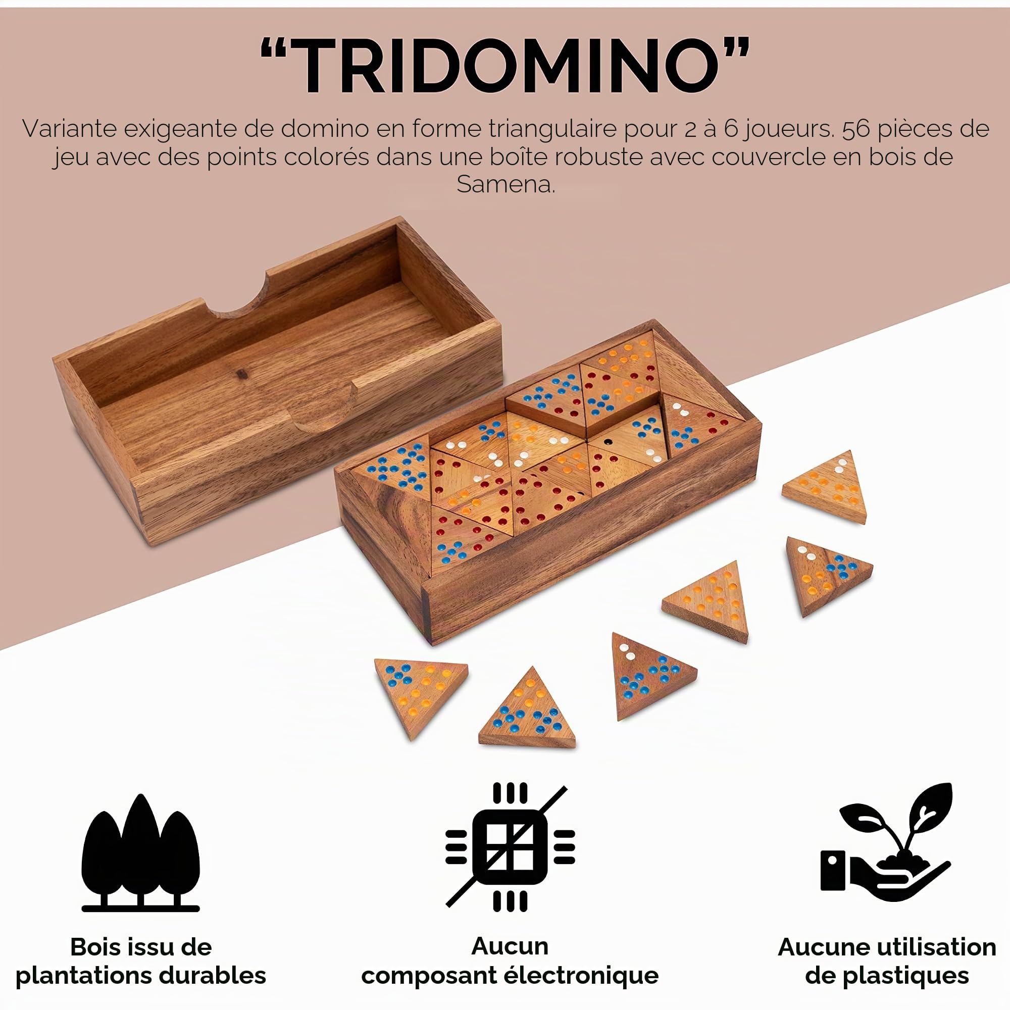 LOGOPLAY Tridomino - Triomino - Domino Triangle - Jeu de Pose - Jeu de société en Bois à Pois colorés