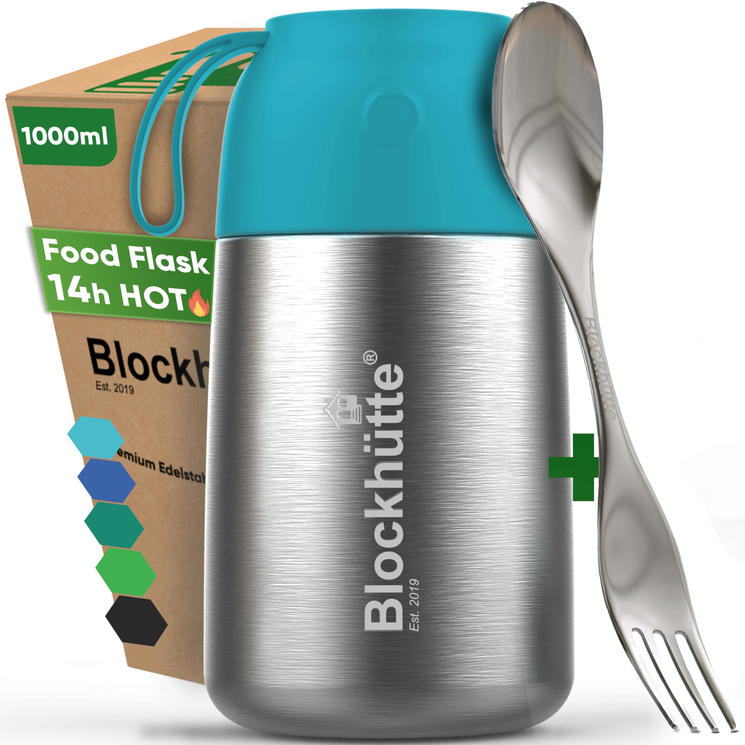 Blockhütte Food Flasks for Hot Food Adults 1L Stainless Steel | Thermal Soup Flask with Spork | Vacuum Insulated Thermal Lunch Box to Go for 14h Hot Meals, BPA Free – Turquoise
