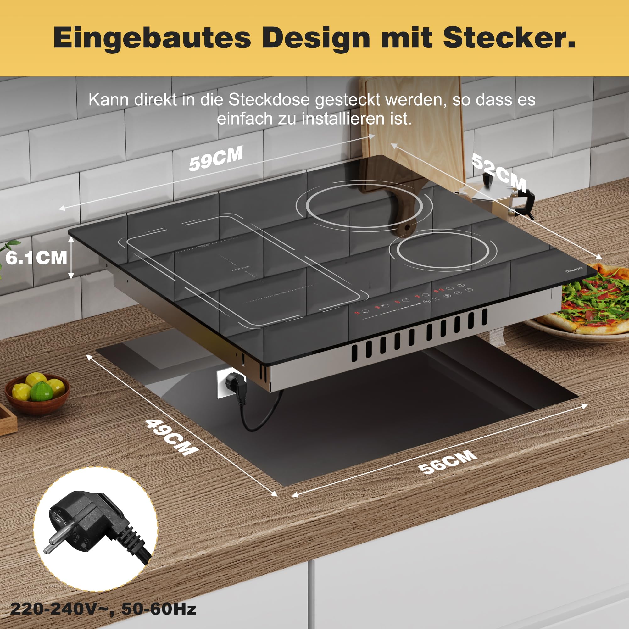 Induktionskochfeld 60 cm mit Stecker, Autark 4 Platten Einbau Kochfeld Induktion mit Flexzone, 3500W Induktionsherd mit Booster Timer Kindersicherung