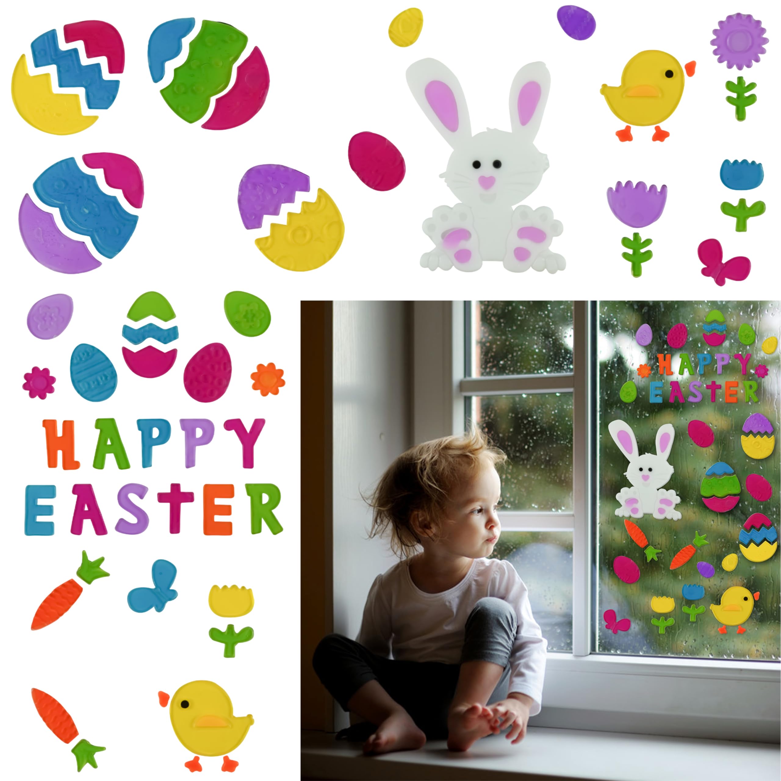 Srv Hub 4X Gel Stickers 40X Easter Stickers, Gel Window Stickers Sheets, Self Adhesive Bunny, Carrots, Chicks And Eggs Decals For Happy Easter Days, Reusable Double Sided Window Clings For Springs Festive Vibe