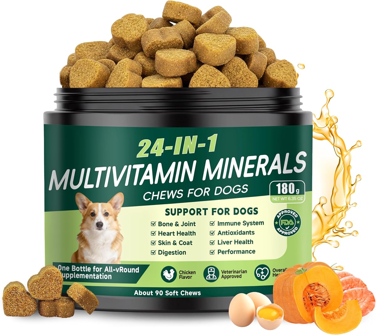 24-in-1 Dog Vitamins and Supplements, Dog Multivitamin Chewable for All Dog | Chondroitin Probiotics Omega-3 Glucosamine for Skin Coat Hip Joint Heart Gut Liver Brain Eye Immune Health, 90 Chews Chicken