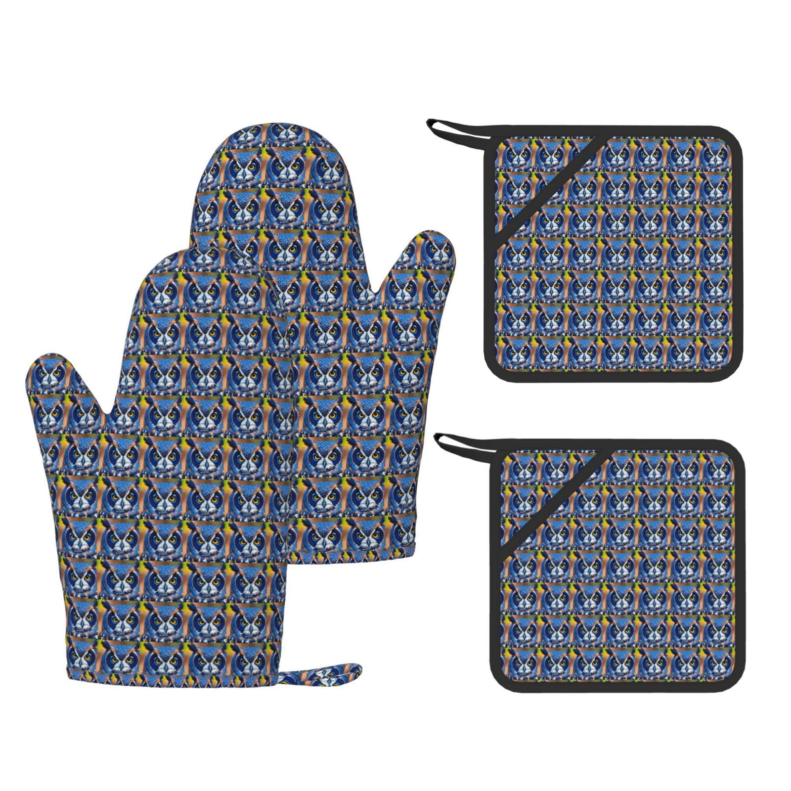 Nimongt Black Blue Owl 1 Print Heat Resistant Gloves Pads Reusable Kitchen Set Oven Baking Grilling Cooking