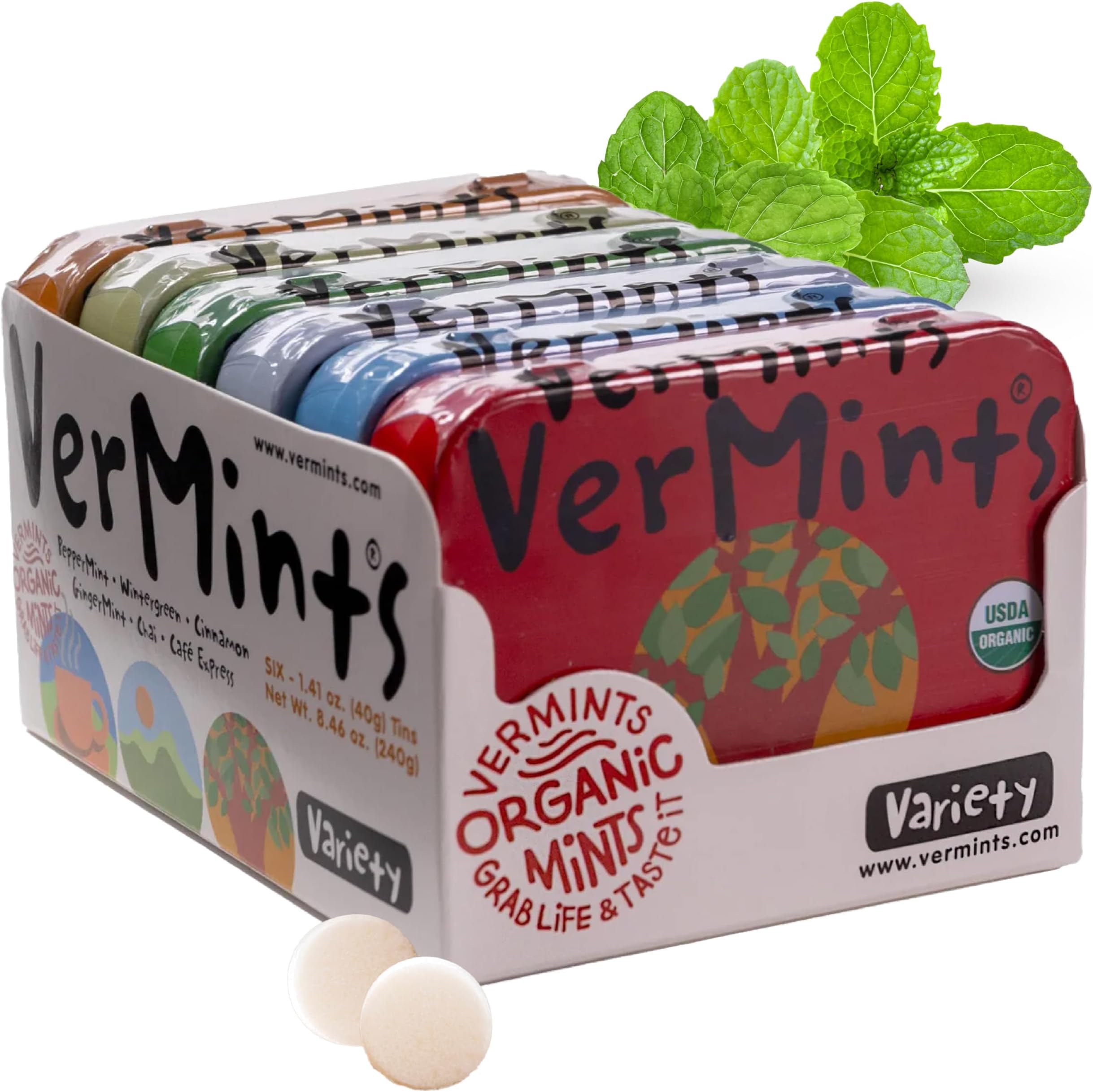 Organic Breath Mints – Peppermint, Ginger, Wintergreen, Cinnamon, Chai & Cafe Express Flavored Mints - Non-GMO, Gluten-Free, Vegan & Kosher Healthy Refresh - 1.41oz – 6 Variety Travel Tins