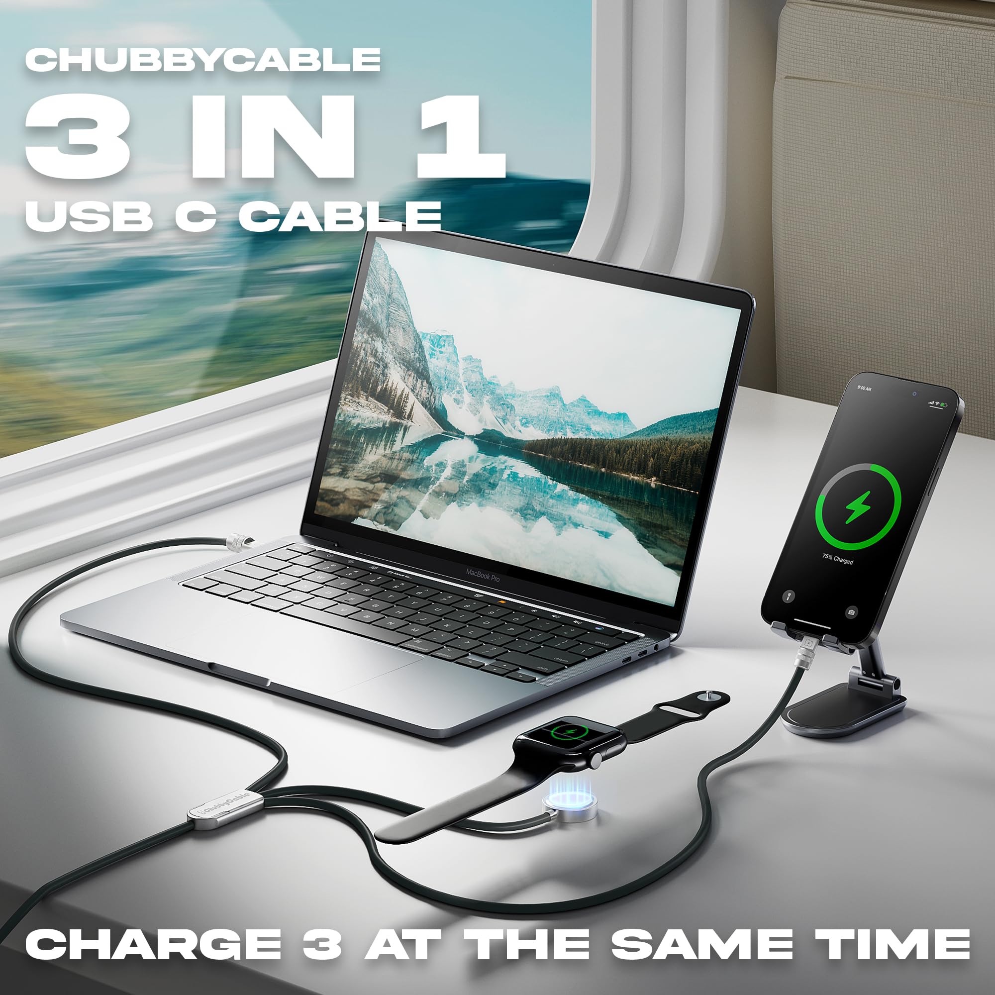 chubbycable Tri-Flex 3 in 1 USB C Cable for Apple Watch Charger Silicone 100W Multi Charging Cable Fast Charge Compatible with iPhone 16/15 Series iWatch iPad Airpods Galaxy Series, 4.1FT, Black