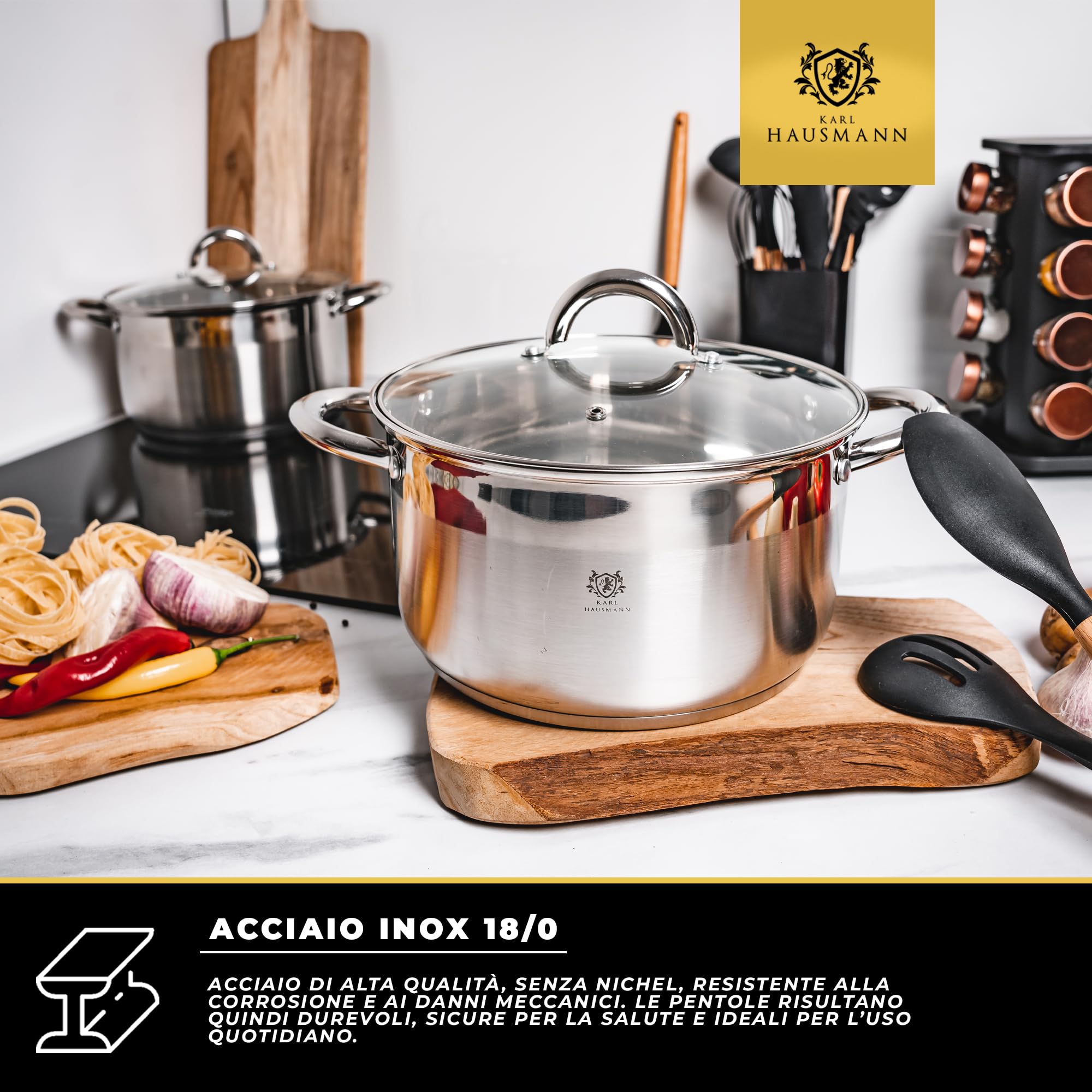 KARL HAUSMANN Pentola Acciaio Inox - 1.3L - 14 cm - Casseruola Induzione con Coperchio Vetro - Pentola Inox 18/0 - Scala Misura - Per Tutti i Fuochi - Pentole Acciaio Inossidabile