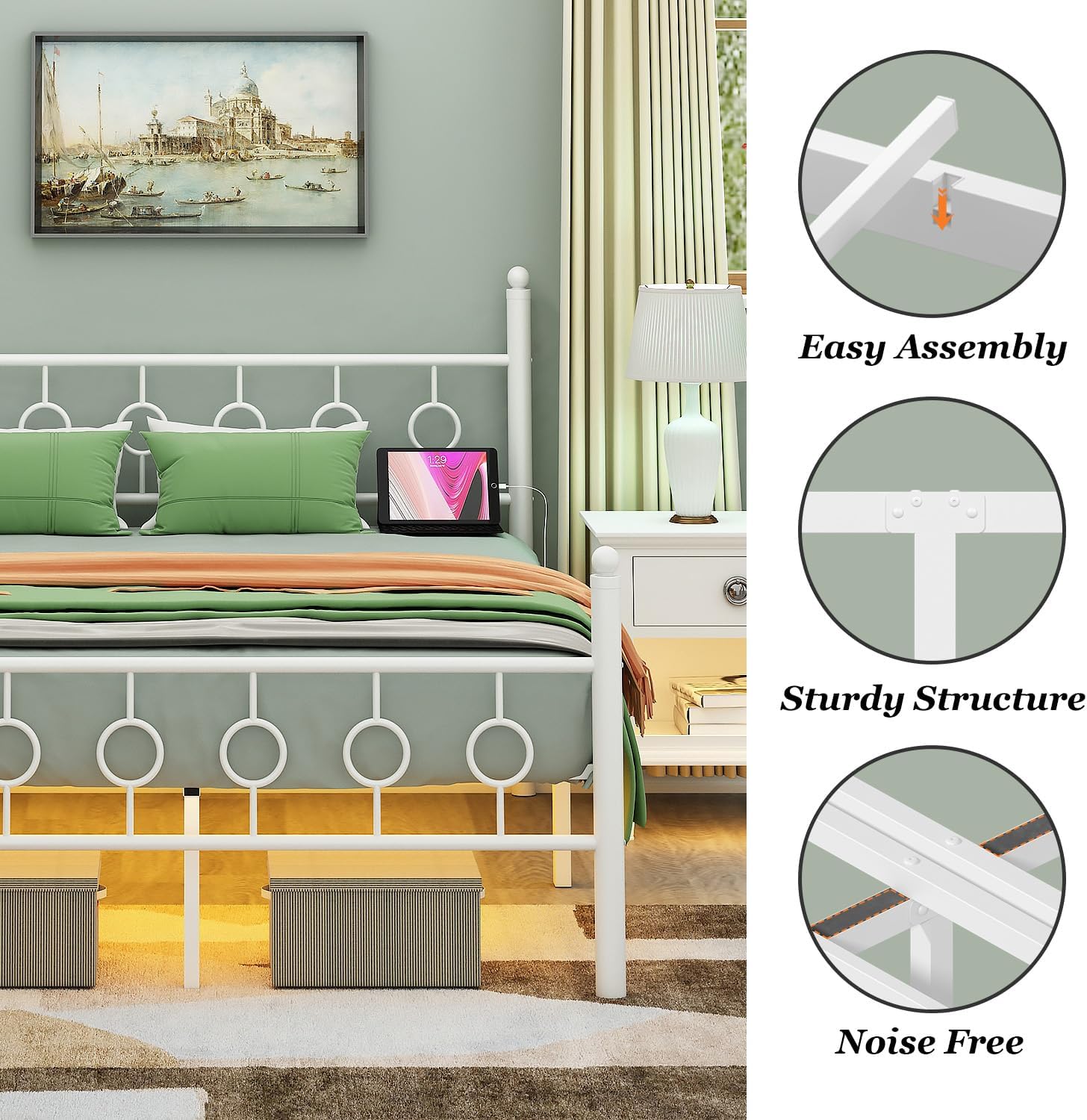 Jenmit Full Size Bed Frame with Headboard, Metal Platform Bed Frame with Charging Station & LED Lights, Storage Space Under Bed, No Box Spring Needed, Noise Free, Easy Assembly, White