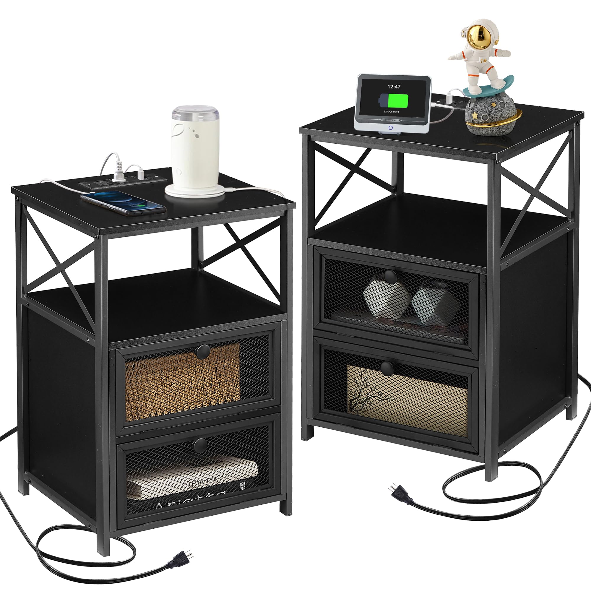 VECELO Black End Table with USB Ports and Outlets,24 Inch Nightstands with Charging Station and Storage Shelf for Bedroom,Living Room, 2 Set