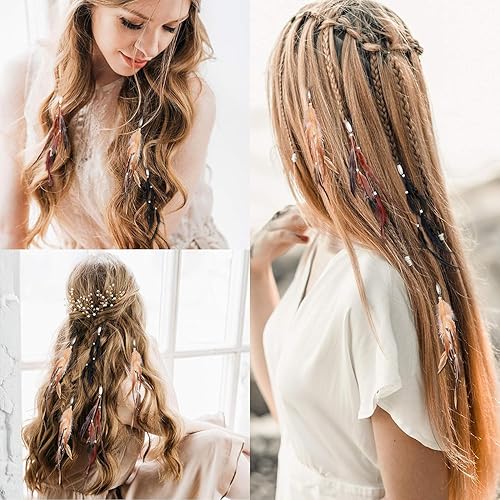 Miniatura 3 de RONRONS Paquete de 6 extensiones de cabello hippie bohemio hechas a mano con clip de plumas, tocado de peine, accesorios de bricolaje para mujer