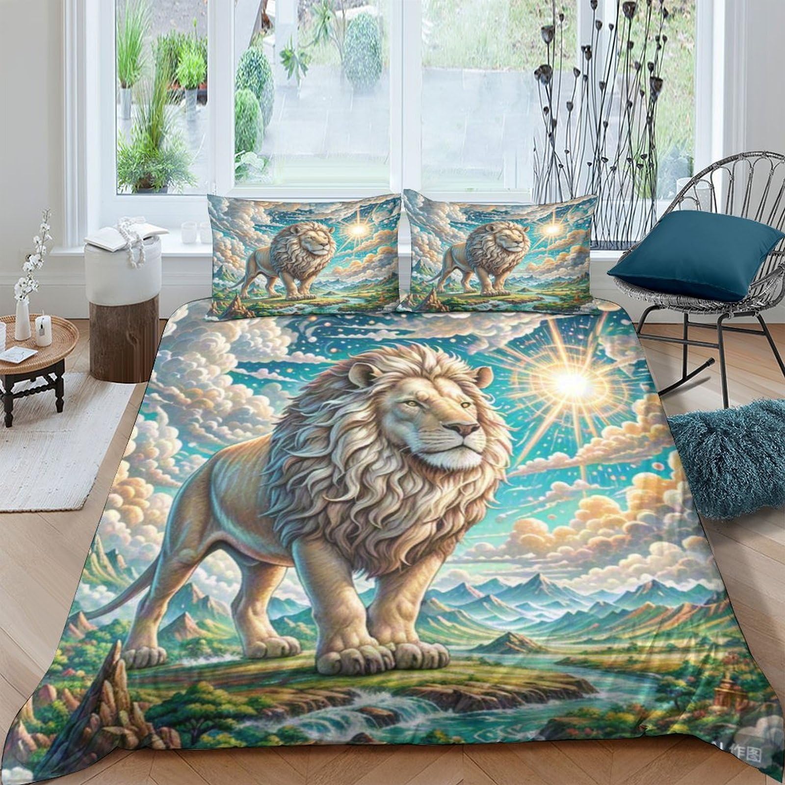Housse de couette lion 200x200 cm en microfibre avec taies